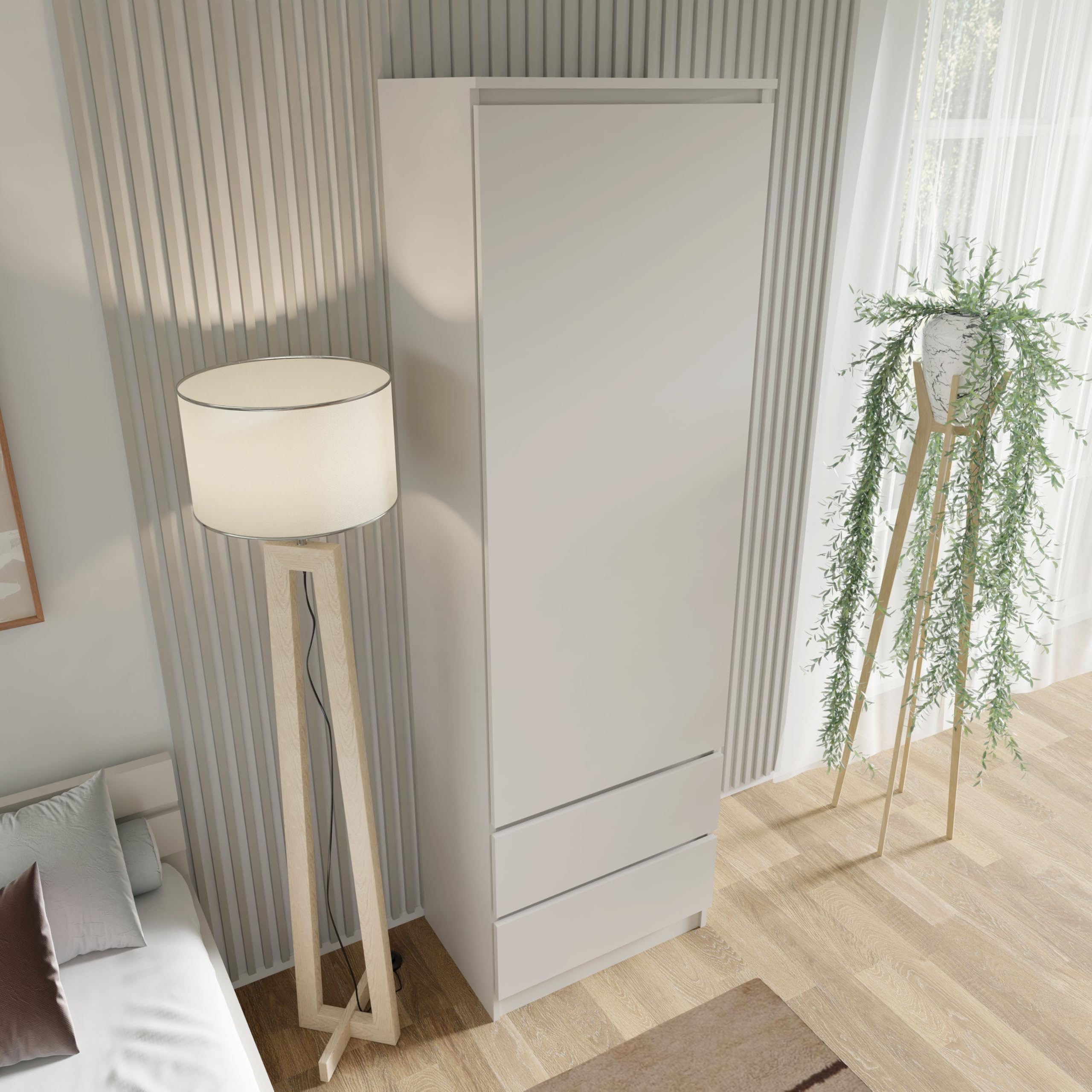 Armadio multiuso MAJA 60 cm con cassetti, scaffalatura stretta per soggiorno e ufficio, archiviazione moderna con porta, design minimalista, pannello laminato di alta qualità (cashmere)