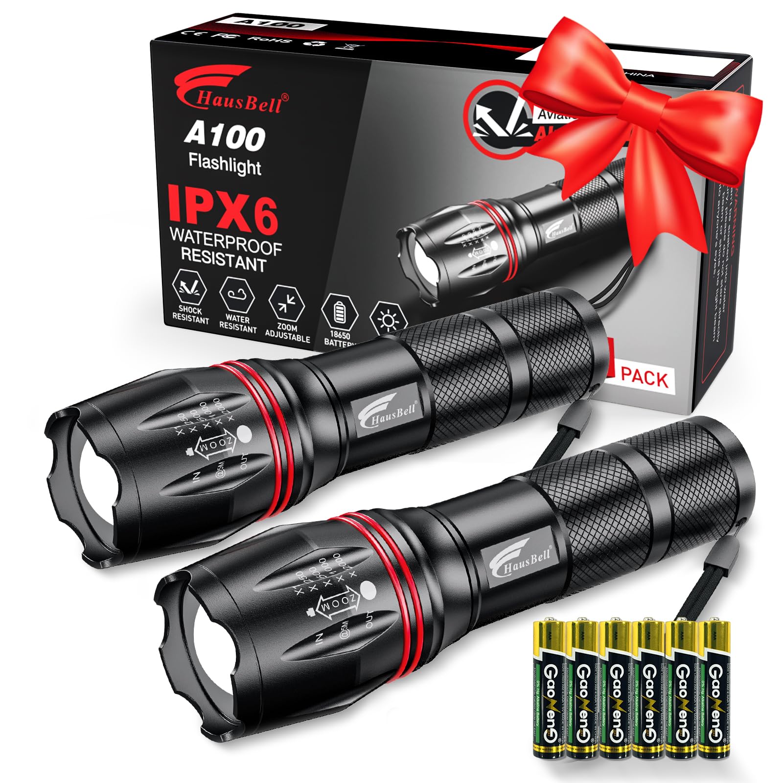 HAUSBELL LED A100 Flashlight Bright, Zoomable Tactical Flashlights Flash Light with High Brightness and Five Modes for Emergency and Outdoor Use Camping Accessories, 2 Pack