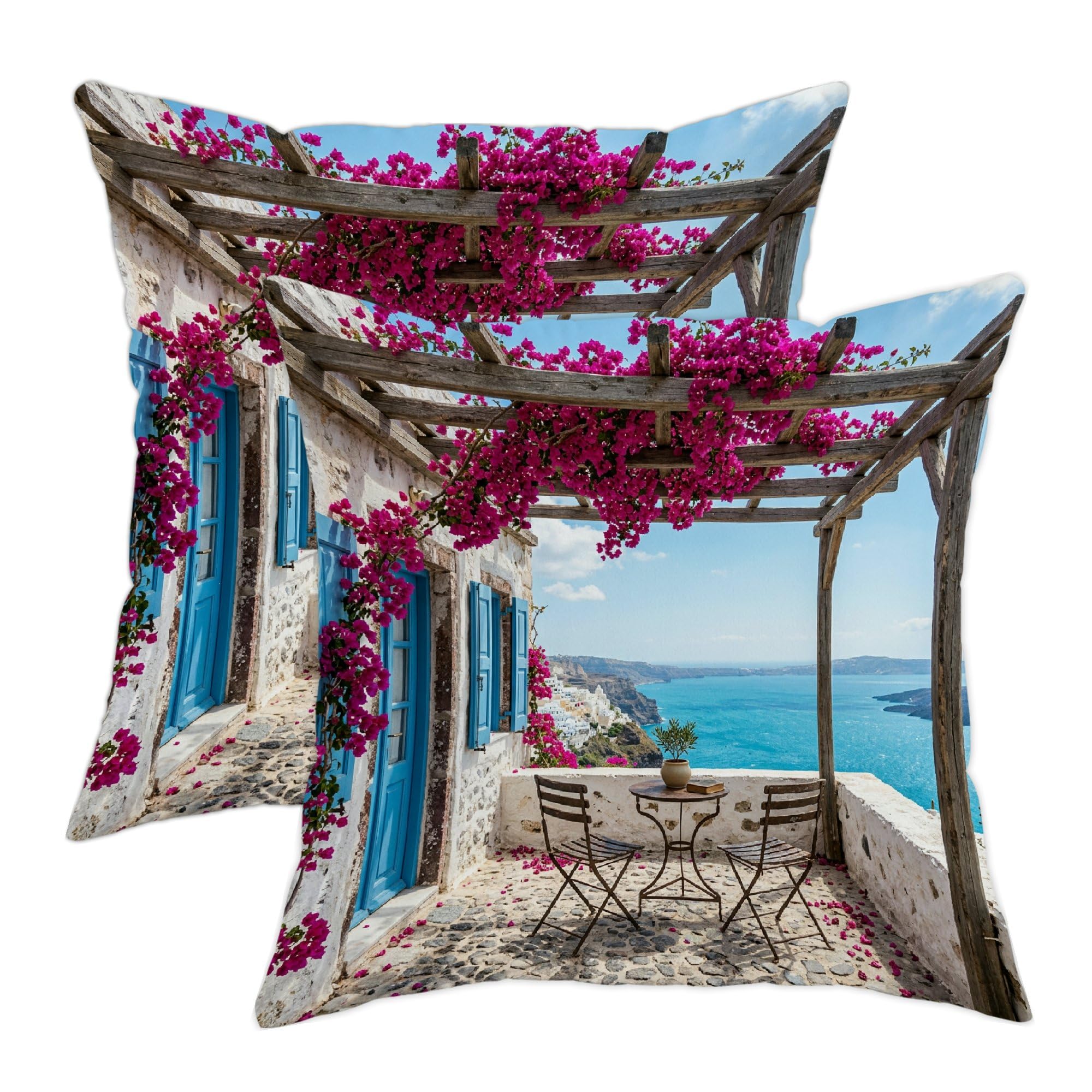 Bougainvillea Set of 2 Outdoor Waterproof All Season Cushion Covers for Mediterranean Coastal Wood Pergola, Blue Window, 16x16 Inches