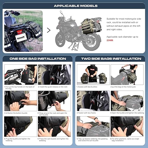 Miniatura 5 de Rhinowalk Alforja para motocicleta, impermeable, para motor, de liberación rápida, 20 litros, se adapta a la mayoría de los bastidores de