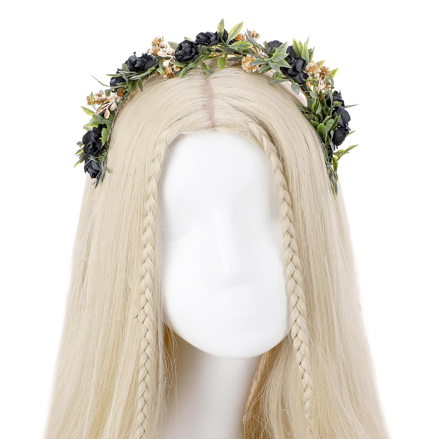 Black Flower Crown Headband, Fairy Dark Floral Headpiece with Gold Leaf, Woodland Elf Gothic Flower Headband for Women Girls Renaissance Renfaire Fantasy Cosplay Party Hair Accessories - Image 4