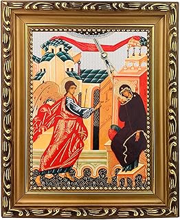 Needzo Annunciation Icon, Great Feast Gold Foil Orthodox Icon in Wooden Frame, Wall Hanging With Stand, 7.75 Inches