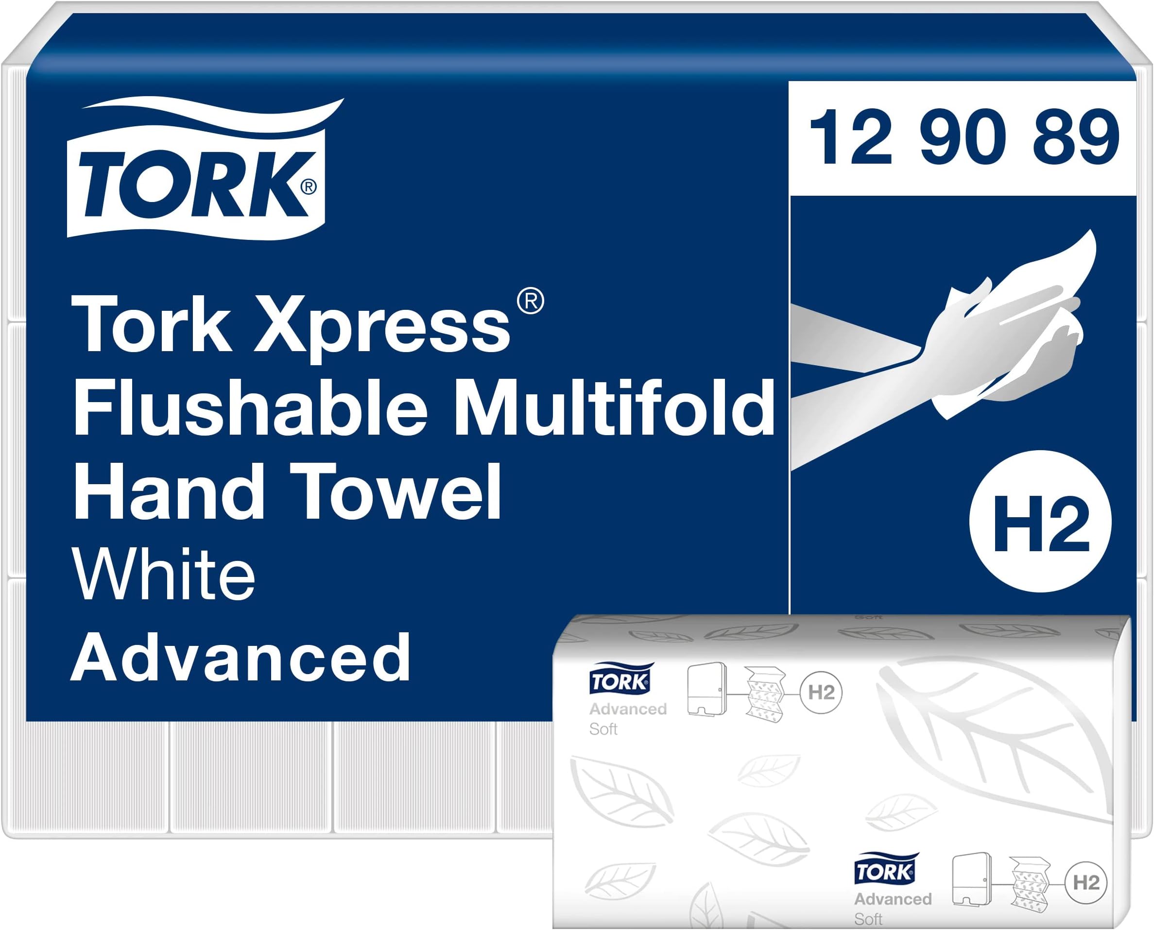TorkXpress Flushable Multifold Hand Towels 129089 - H2 Advanced Folded Paper Towels for Dispenser - Absorbent, Tear-Resistant, 2-Ply, White - 21 x 200 Sheets