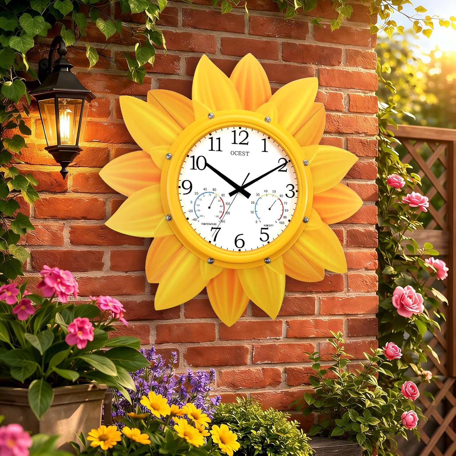 OCEST 24 Inch Sunflower Outdoor Clock Thermometer Hygrometer Combo, Large Metal Decorative wall Clocks with Sealed Waterproof Back Cover, Silent Non-Ticking Battery Operated for Patio Garden Porch