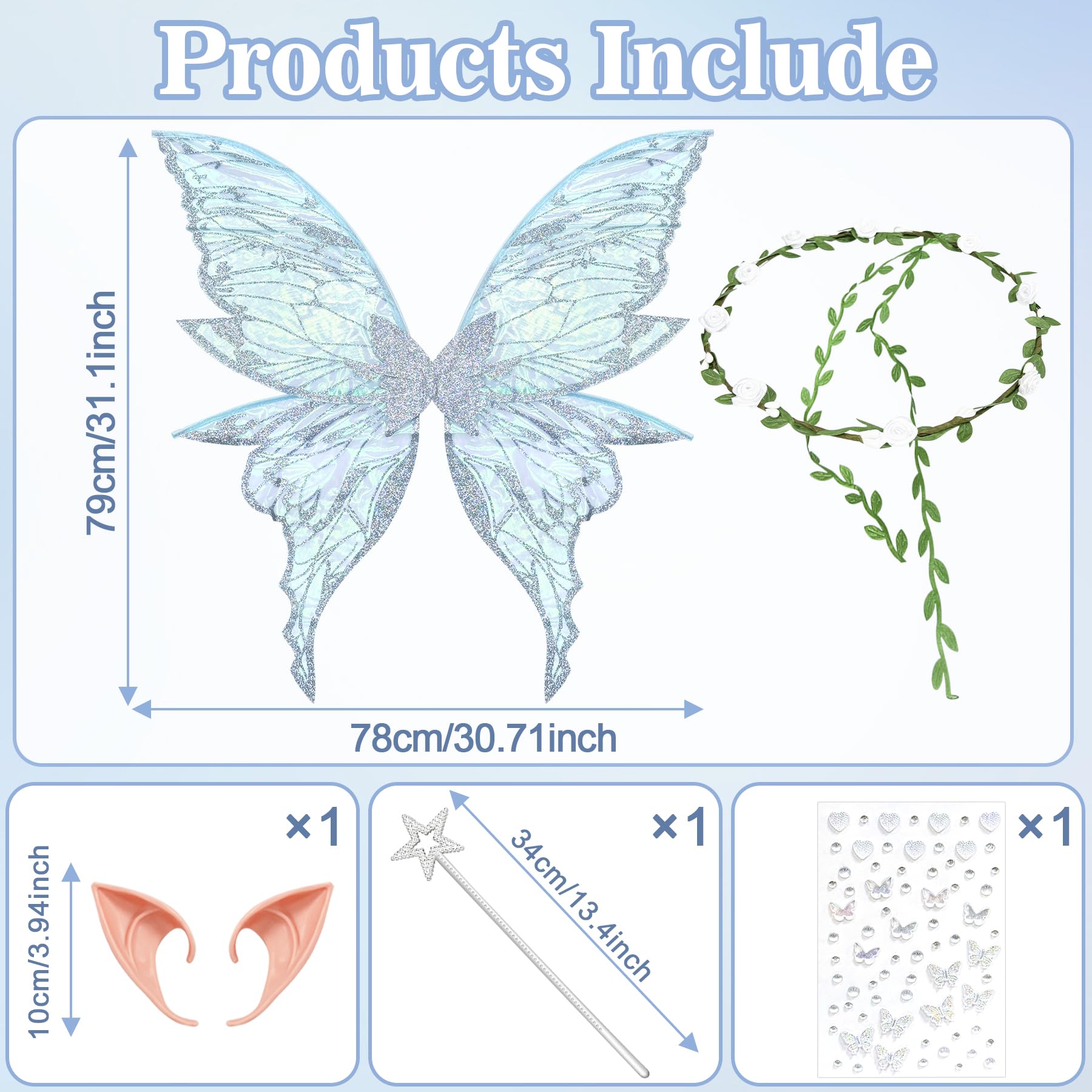 YeahBoom Children's fairy wings, butterfly wings with elf ears, fairy headband and star fairy wands, butterfly wings - Image 2