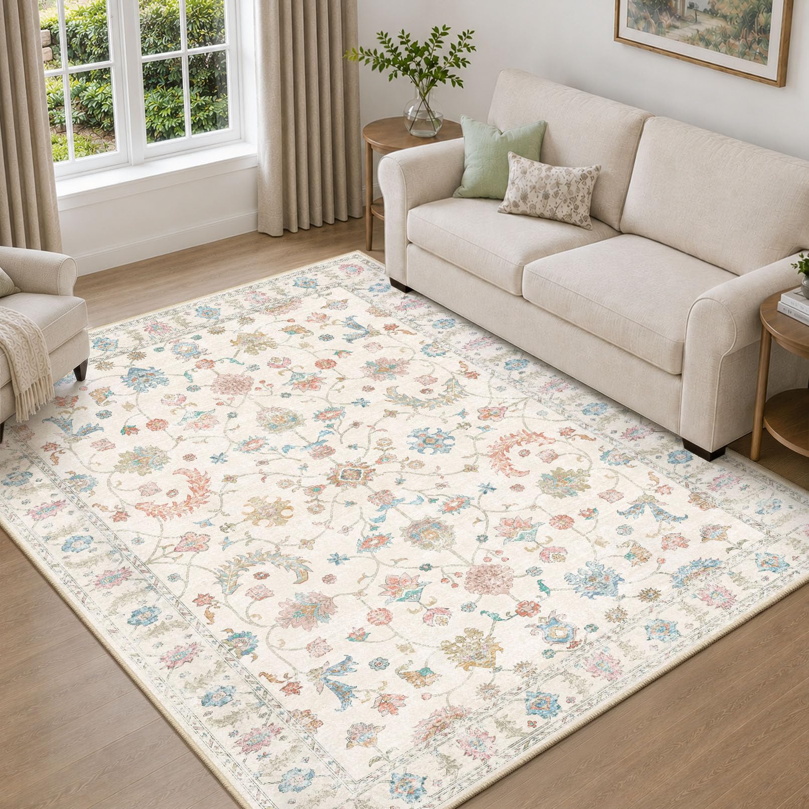 INOVADAY Washable Rug Living Room 140x200cm Non Slip Low Pile Vintage Boho Area Rug for Hall Lounge Bedroom Kitchen Office Dining Room Indoor Hallway Cream White