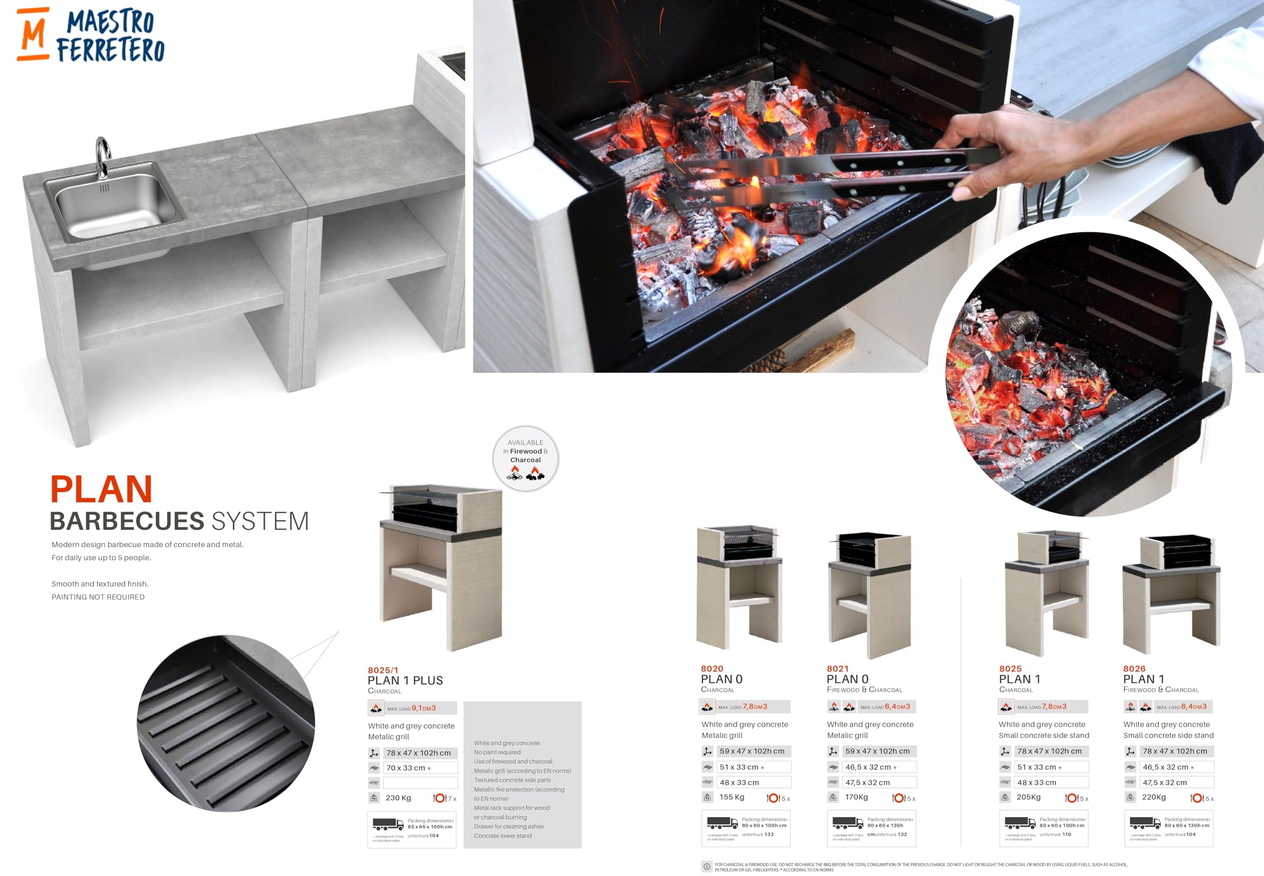 TUOZI - Barbacoa de Obra para Carbón Modelo PLAN 1 PLUS (Gris/Blanco - 78 x 47 x 102 cm) REF: 8025/1 - Uso en Exteriores
