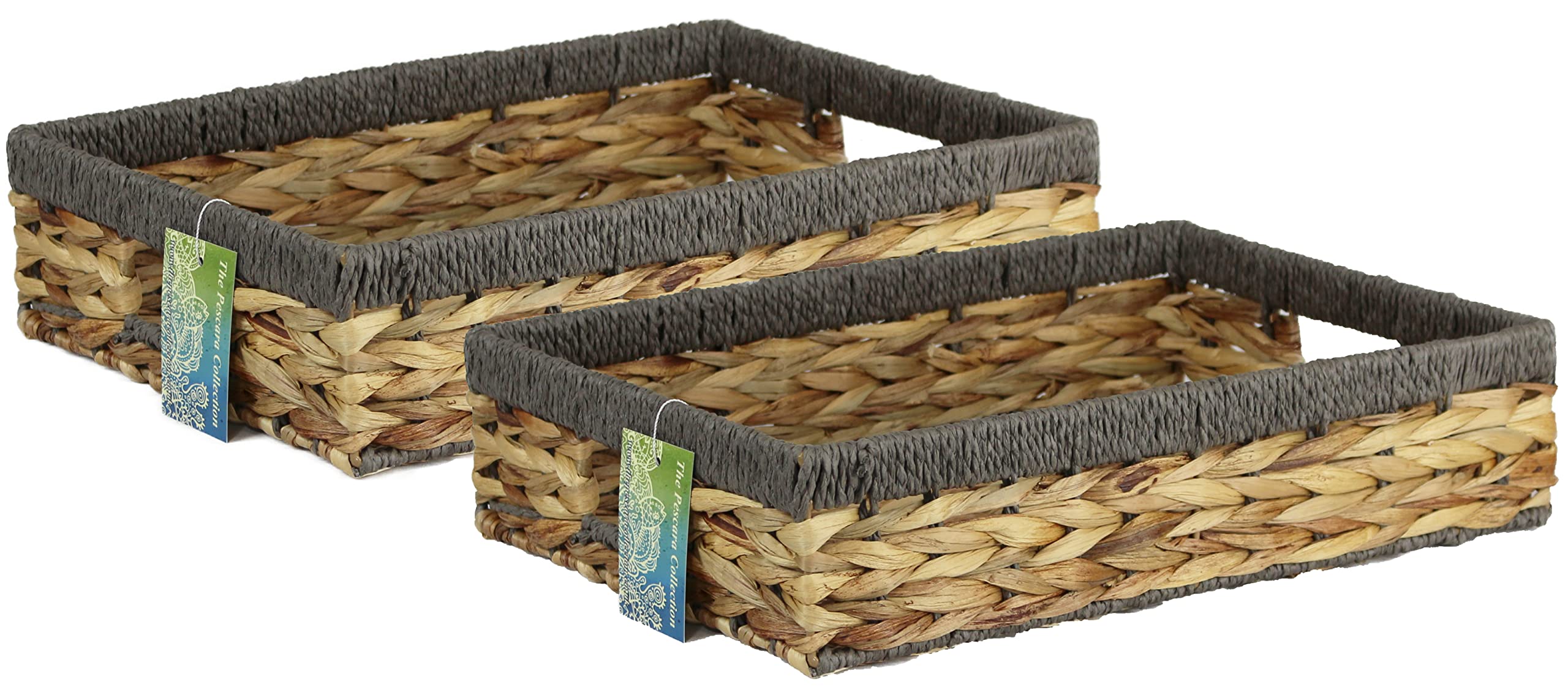 Shallow Rectangular Water Hyacinth baskets. Natural baskets light colour and with grey edges. Open trays for storage of paper, toys or books and magazines (2 x 42cm, Grey Edge)