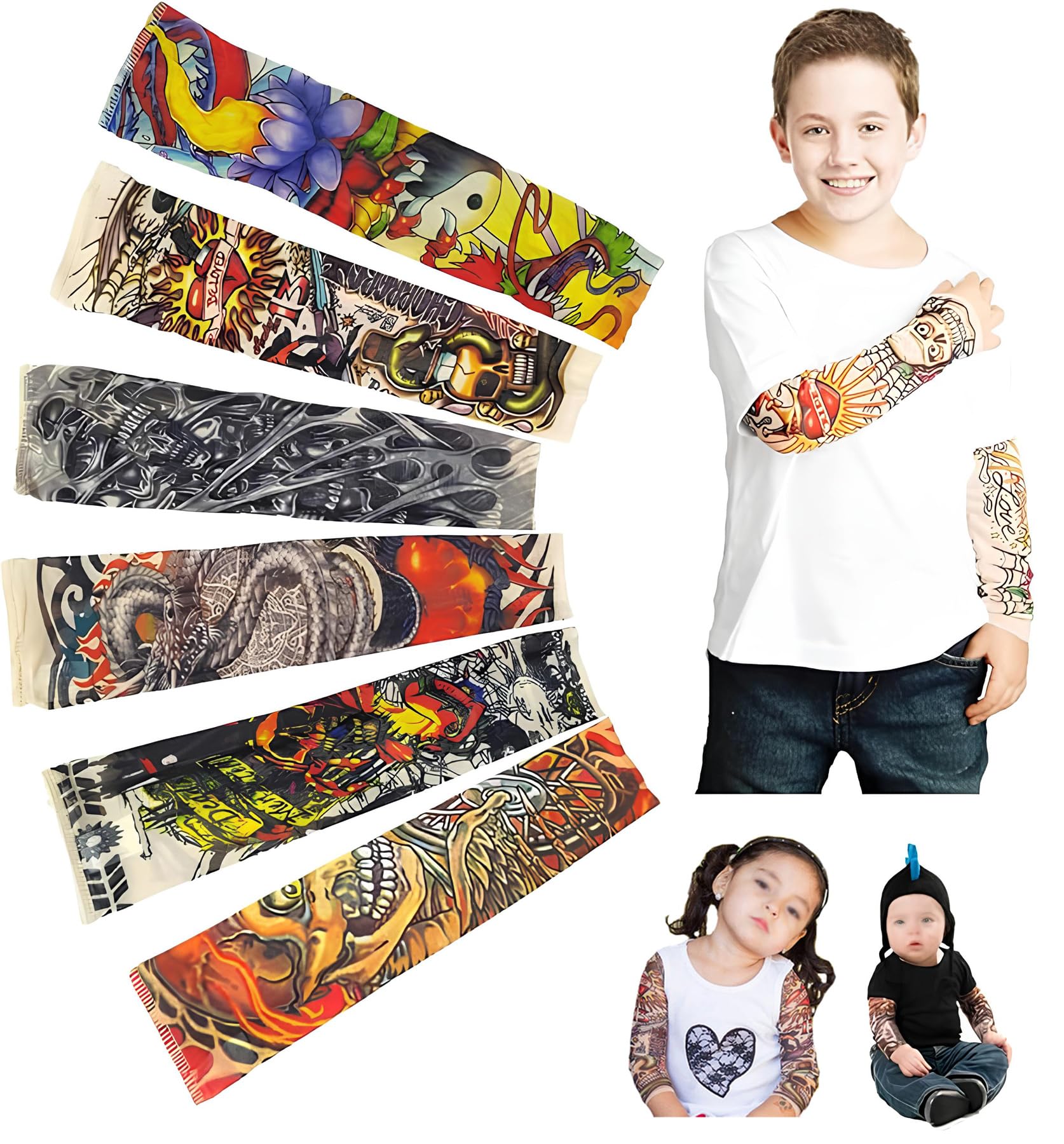 Temporary Tattoo Sleeves for Kids, Fake Slip On Arm Sunscreen Sleeves, 6pcs - Eagle,Skull,Dragon,Clown, Snake,etc