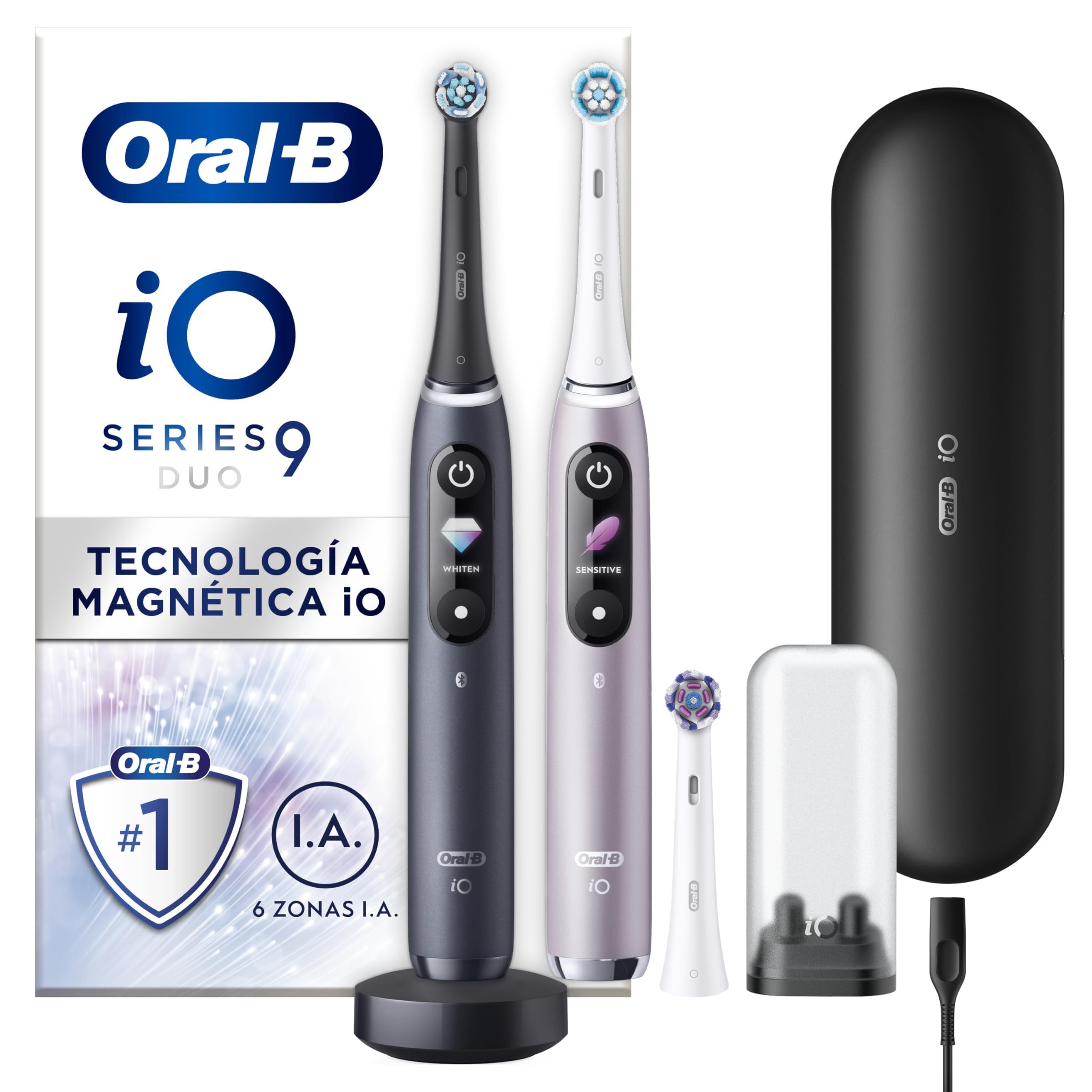 Oral-B iO 9 Pack de 2 Cepillos de Dientes Eléctricos Negro y Rosa, Con 3 Cabezales y 1 Estuche Cargador de Viaje, 7 Modos De Limpieza, Sensor De Presión, Carga Rápida, Diseñado por Braun