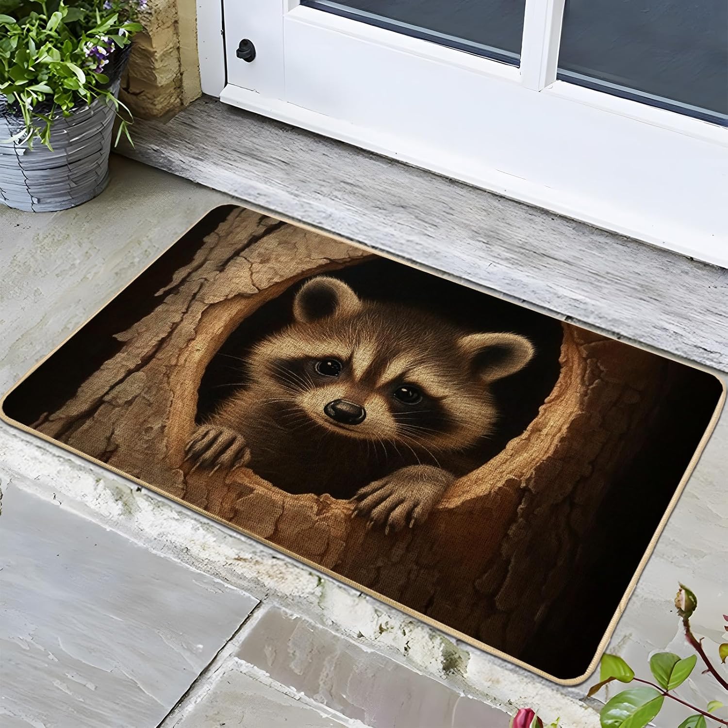 Raccoon Door Mat, Cute Animal Doormat for Fall & Winter Welcome Entrance, Cozy Rustic Decor, Non-Slip Water-Resistant Dust-Control Mat, Easy to Clean 29x17 Inch