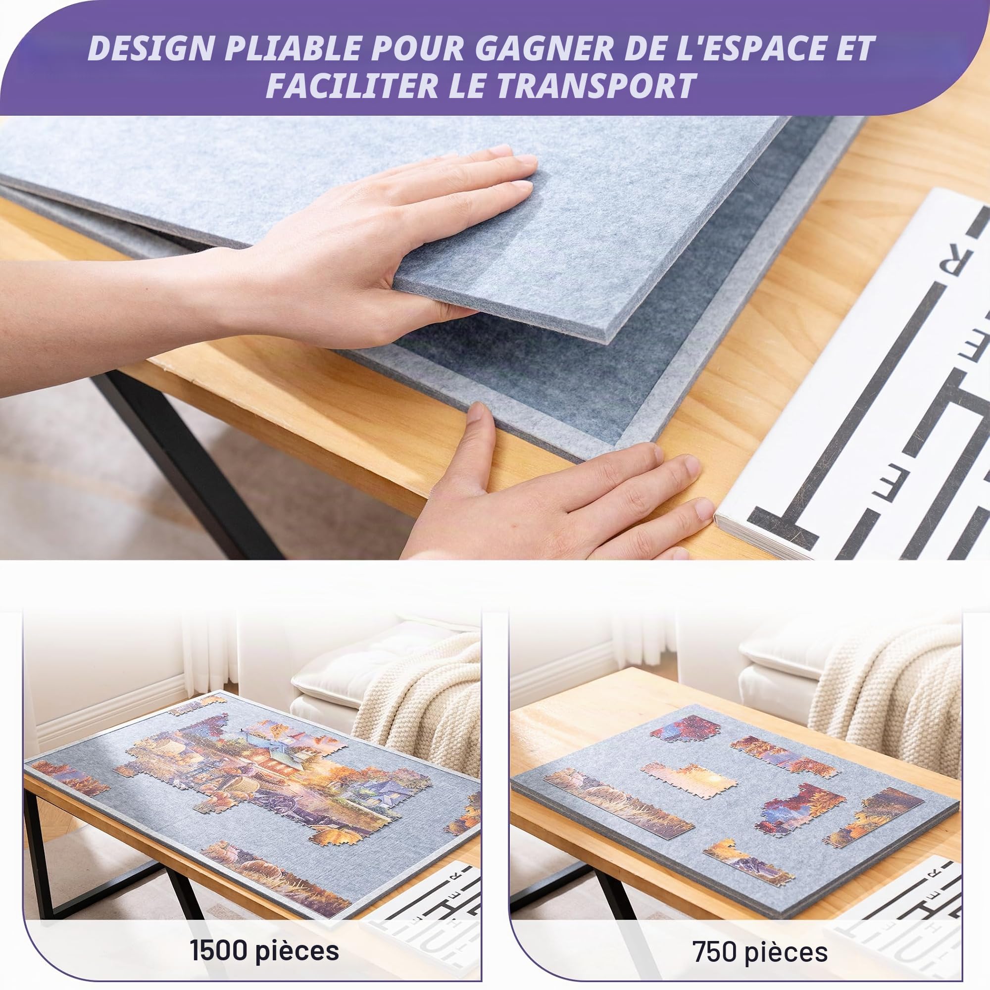 Tektalk Planche de Puzzle Pliable avec 4 Angles réglables, Plateau léger et Portable avec chevalet en Bois, Table de Puzzle Pliable en Feutre, jusqu'à 1500 pièces (Gris)