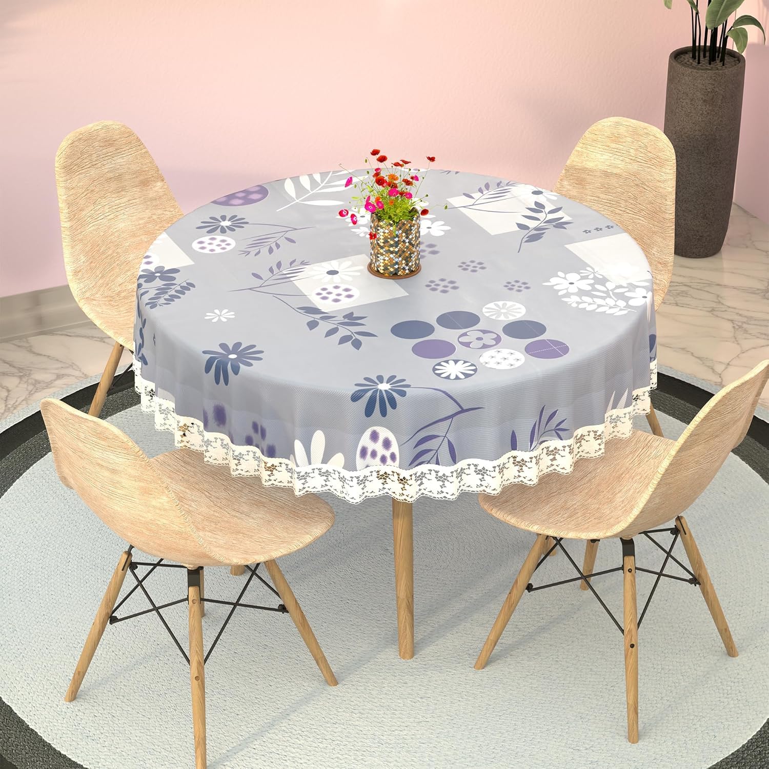 MANUFACTORY Round Dining Table Cover 2 Seater Waterproof | Center Table Cover Cloth for Tea Coffee | | 50 Inch | PVC Flower Circle Print - Grey-image-15