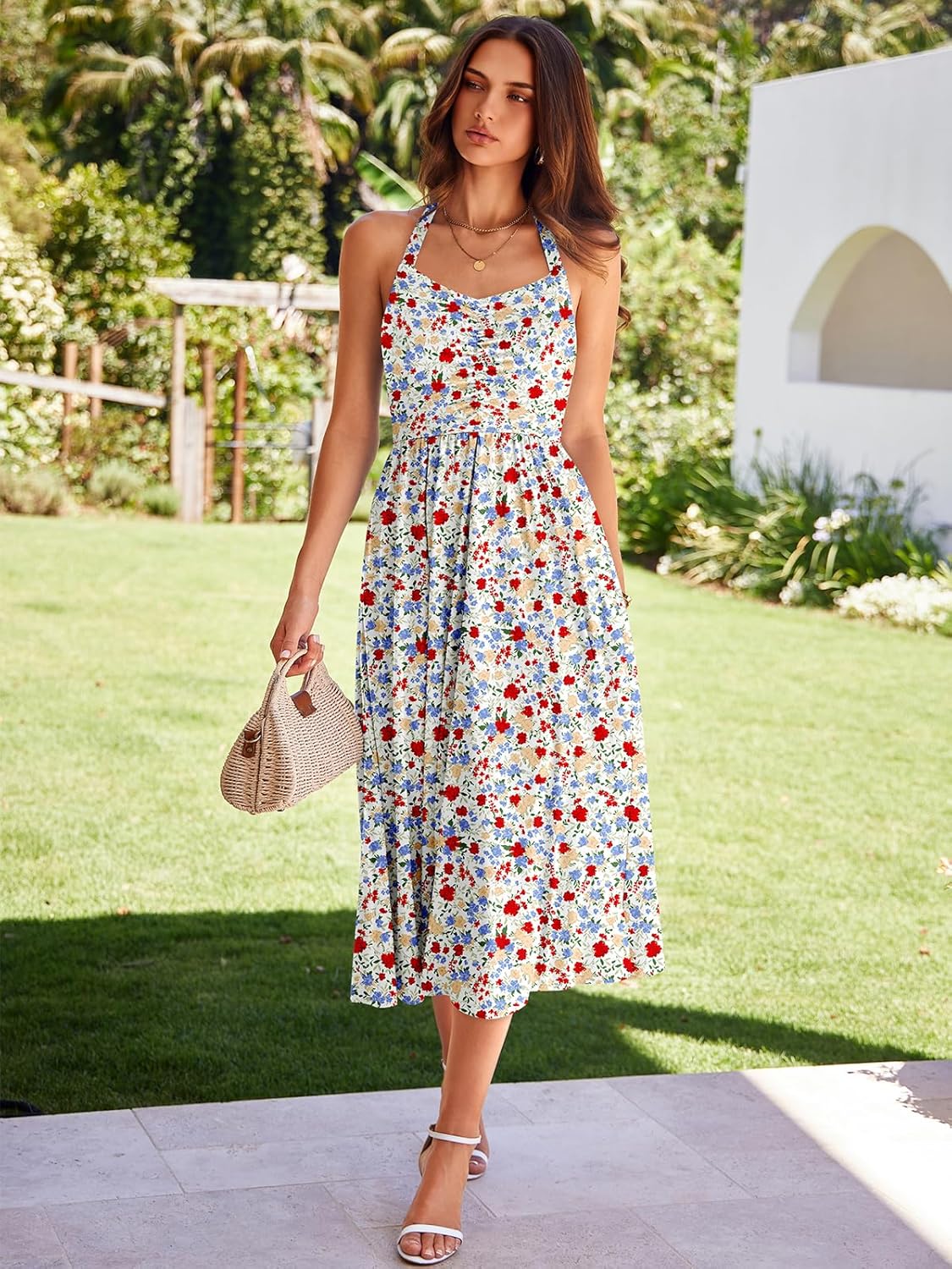 YATHON Women's Halter Floral Midi Dress Ruched Backless Flowy A Line Summer Beach Wedding Guest Dresses with Pockets - Image 6