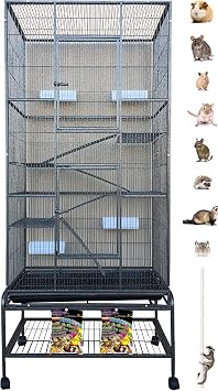70" Extra Large Chew-Proof Wrought Iron 4-Levels Tight 1/2-Inch Bar Spacing for Ferret Chinchilla Sugar Glider Home Cage Easy to Clean Pull Out Tray with Removable Stand on Wheels