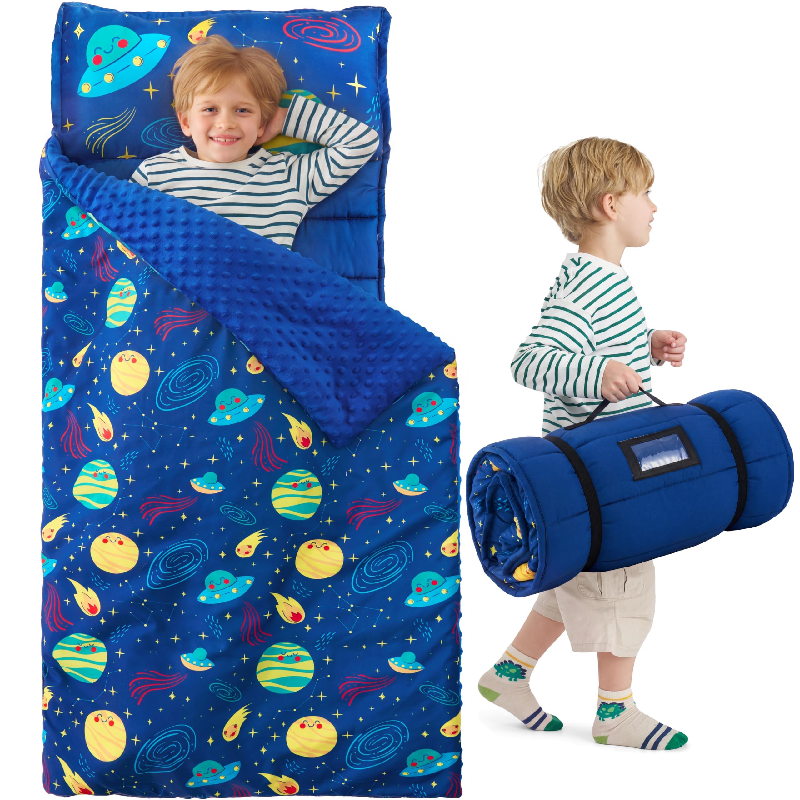 JOIEDOMI Toddler Nap Mat with Removable Pillow and Minky Blanket 55''x30'' Kids Sleeping Bag for Boys and Girls Ages 3-6 Roll Up Soft Nap Mats for Preschool Kindergarten Daycare Sleepover