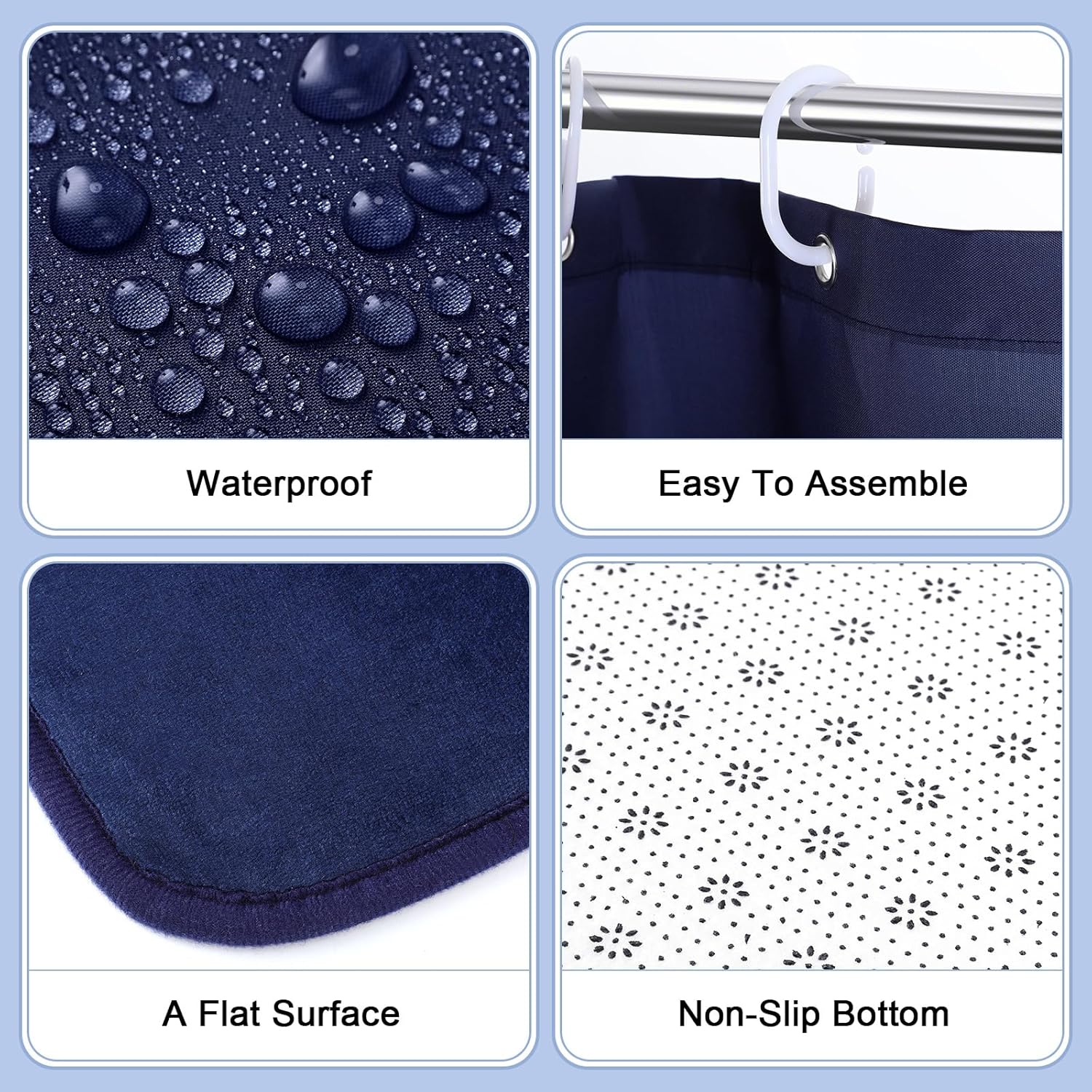 Hosuly 4 Pcs Bathroom Shower Curtain Set with Non Slip Rugs, Toilet Lid Cover and Bath Mat, Waterproof Bathroom Curtains with 12 Hooks Shower Set for Solid Color Bathroom Decor (Blue)