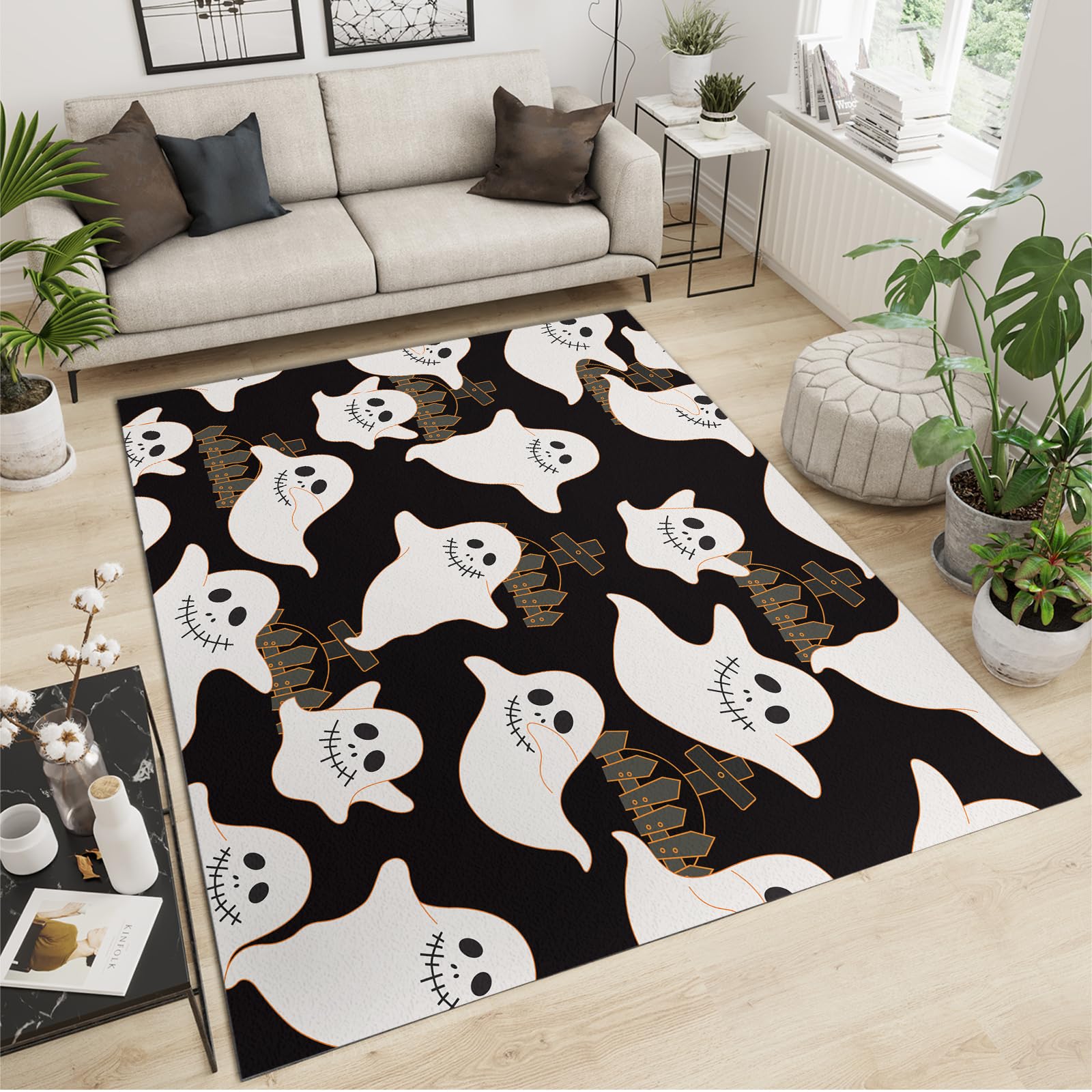 QDJKBL Area Rugs 80 x 220 cm Modern Cartoon Halloween, Black and White tombstone Cute Ghost 3D Carpet, Porch Mat Light Texture Low Pile for Kitchen Dining Room