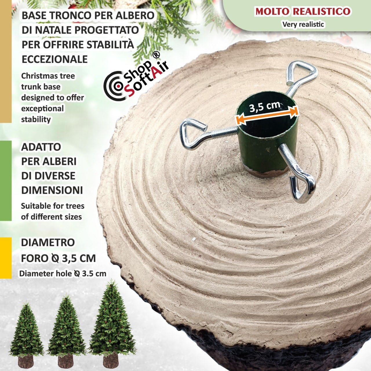 Base Tronco Albero di Natale, Marrone Rustico, 36 cm Altezza x 30 cm Diametro, Design Realistico, Supporto Stabile per Alberi