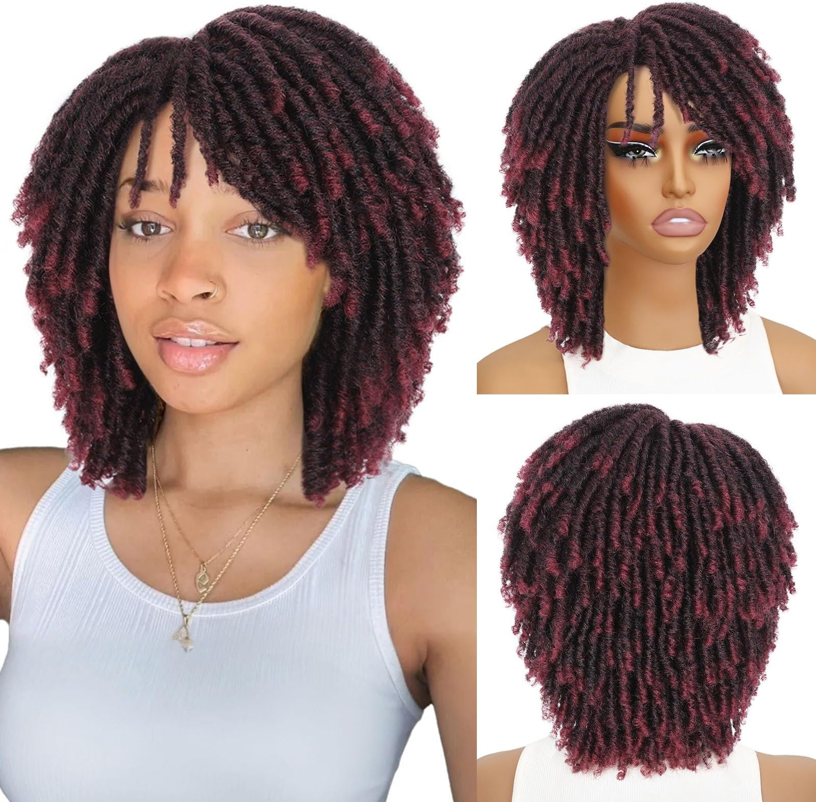 HANNE Dreadlock Wig Short Twist Wigs for Black Women and Men Afro Curly Synthetic Wig (T1B/Burgundy)