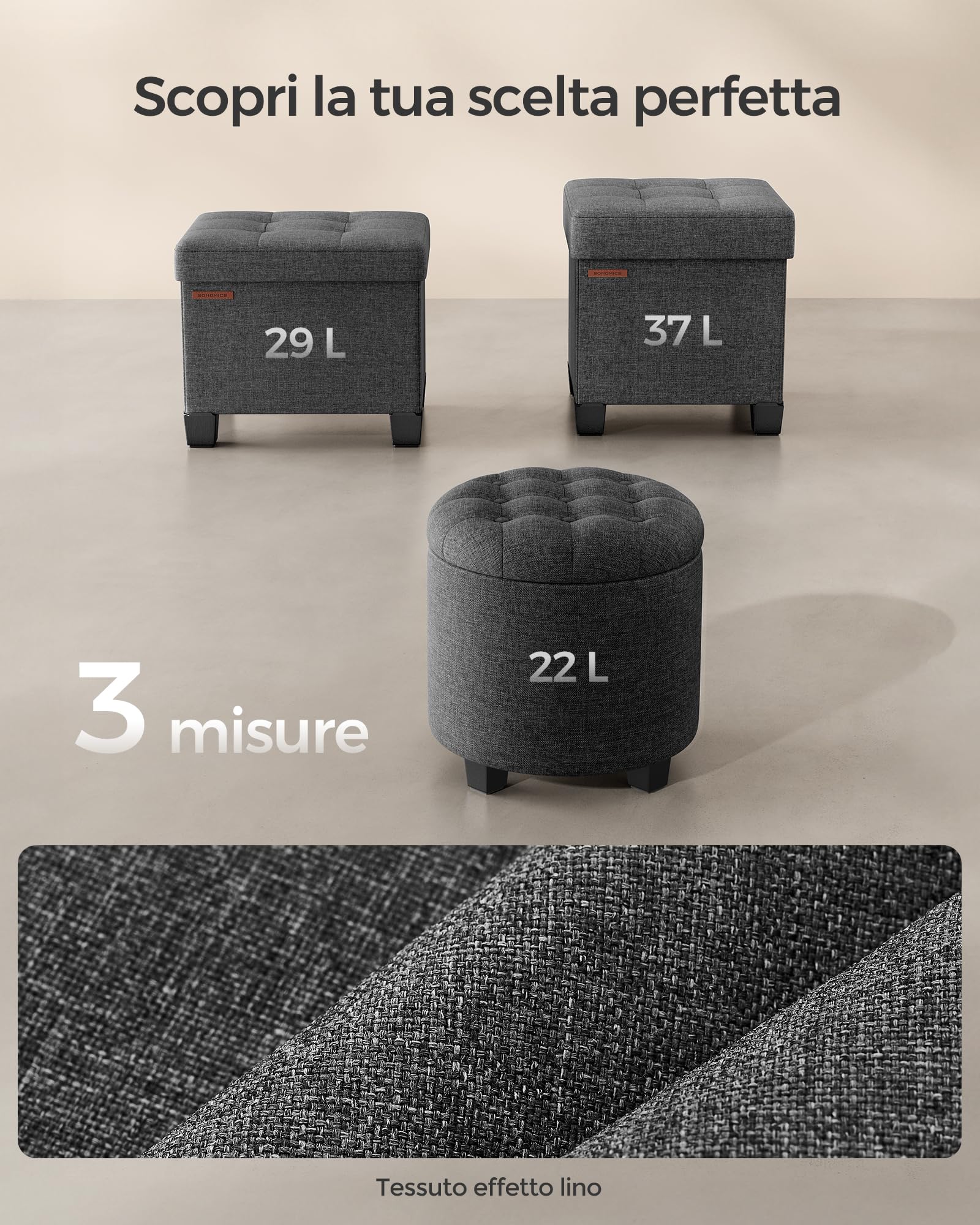 SONGMICS Pouf Contenitore Rotondo, Cassapanca, 45 x 45 x 44,5 cm, Poggiapiedi con Gambe, Tessuto Effetto Lino, Portata Fino a 150 kg, per Soggiorno, Camera da Letto, Grigio Scuro LOM011G01V1