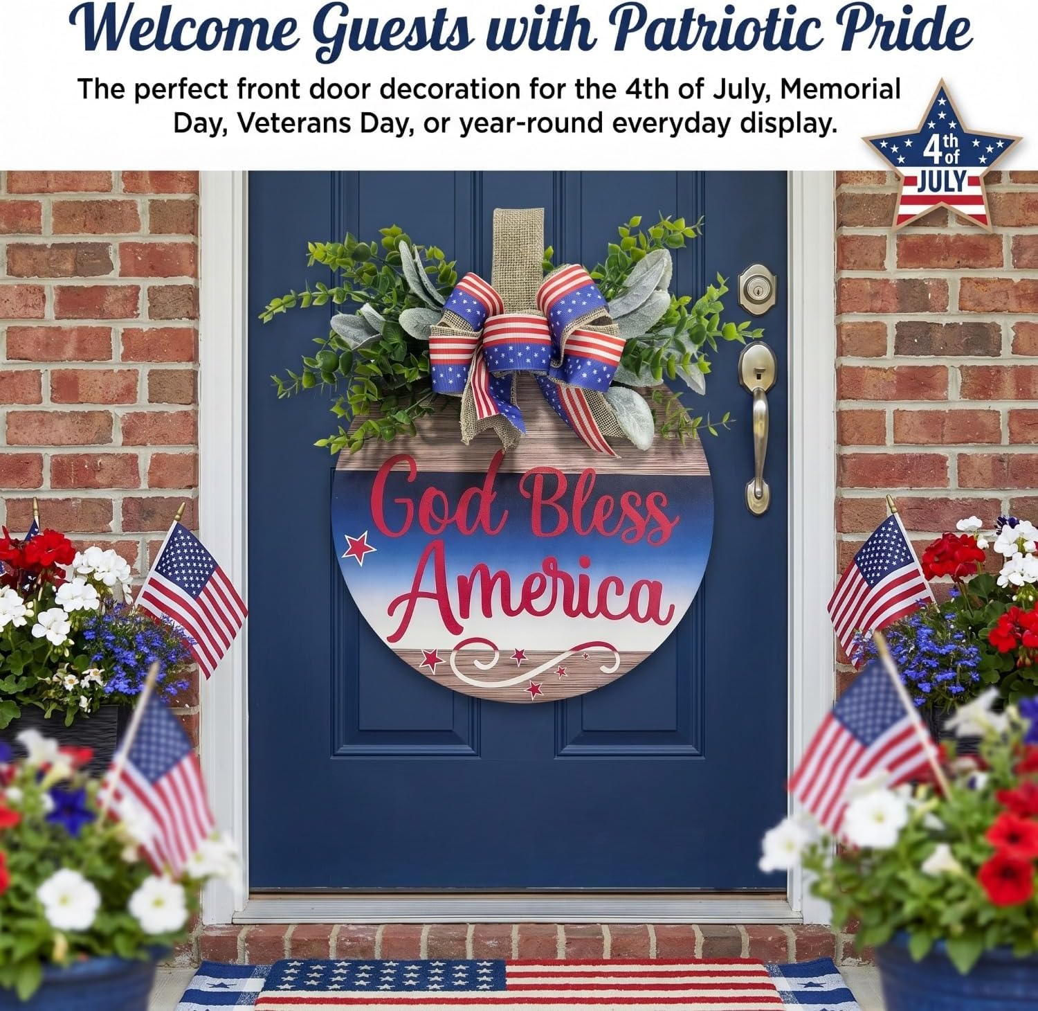 Memorial Day & 4th of July Patriotic Wreath, 12" Wooden Decor with Artificial Flowers, USA 250th Anniversary Sign for Front Door, Garden, Patios, Windows Decor
