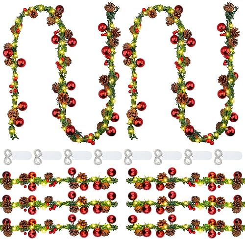 Sosation 8 juegos de guirnaldas de Navidad de 6 pies con luces que funcionan con pilas, guirnalda de luz de pino con bayas rojas para decoración de