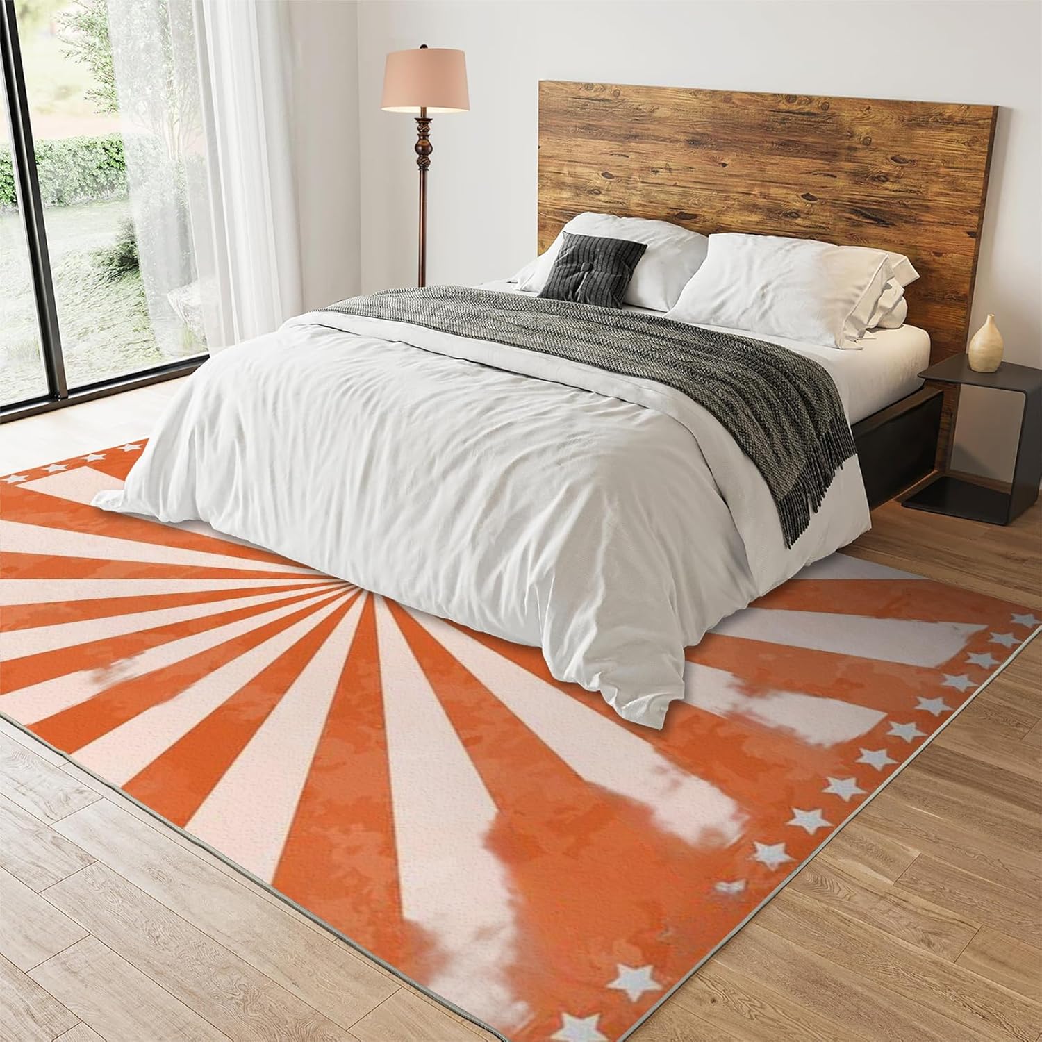 Vintage Mid Century Art Bedroom Area Rug, Orange Ray Striped Stars Kids Rugs, Non-Slip Low Pile Washable Easy Clean Mat for High Traffic Area Sofa Living Room Apartment Office Nursery 3x4ft