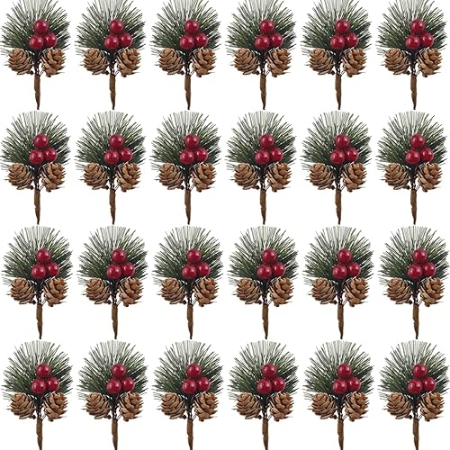 TIHOOD 25 púas de pino artificiales, ramas de agujas de pino con tallos de bayas rojas, pequeñas bayas falsas, ramas de piñas para manualidades,