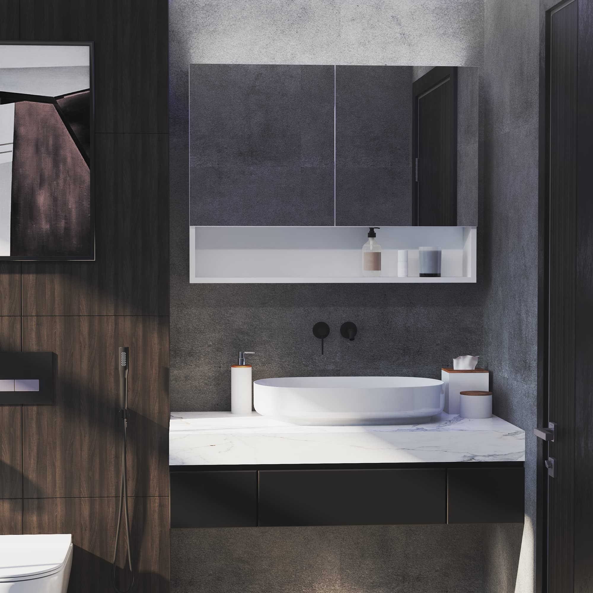 HOMCOM Specchio Bagno Contenitore con Luci a LED, Armadietto con Specchio a Muro, Ripiano Aperto e Ripiano Interno Regolabile, in Vetro e MDF, 80x15x60cm