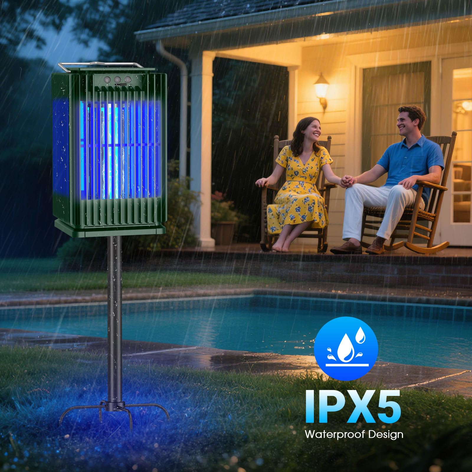 Matamoscas solar para exteriores, impermeable, matamosquitos solar para exteriores con soporte de tierra, exterminador de moscas inalámbrico con luz iluminada, matamosquitos recargable de 5000 mAh