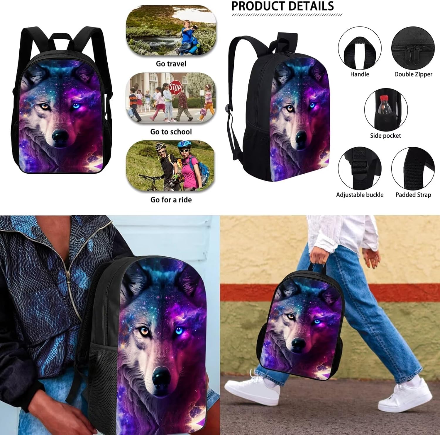 DISNIMO Wolf Backpack and Lunch Bag Set for Boys Galaxy School Bag Set for Girls 3 Pcs Kids School Supplies Set Elementary School Bookbag Set with Lunch Box Pencil Case