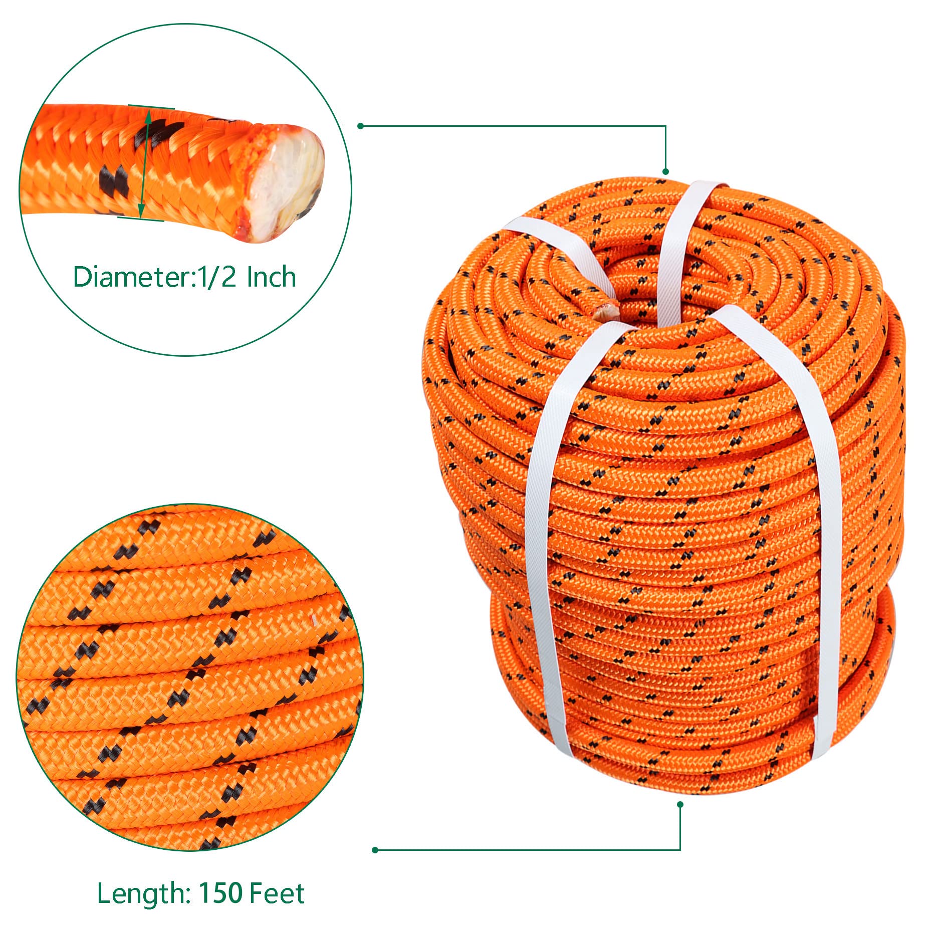 Doppelt Geflochtenes Polyester-Seil – 1,27 Cm Durchmesser, 4,5 M Länge, Orange – Hochfestes Zugseil Für Klettern, Baumarbeit & Outdoor