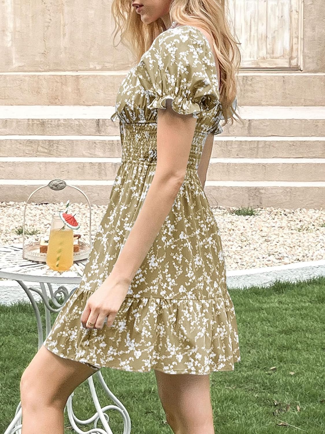 Imily Bela Womens Summer Dress Ruffle Sleeve Sqaure Neck Smocked Sun Dress Casual Boho Beach Floral Mini Dress