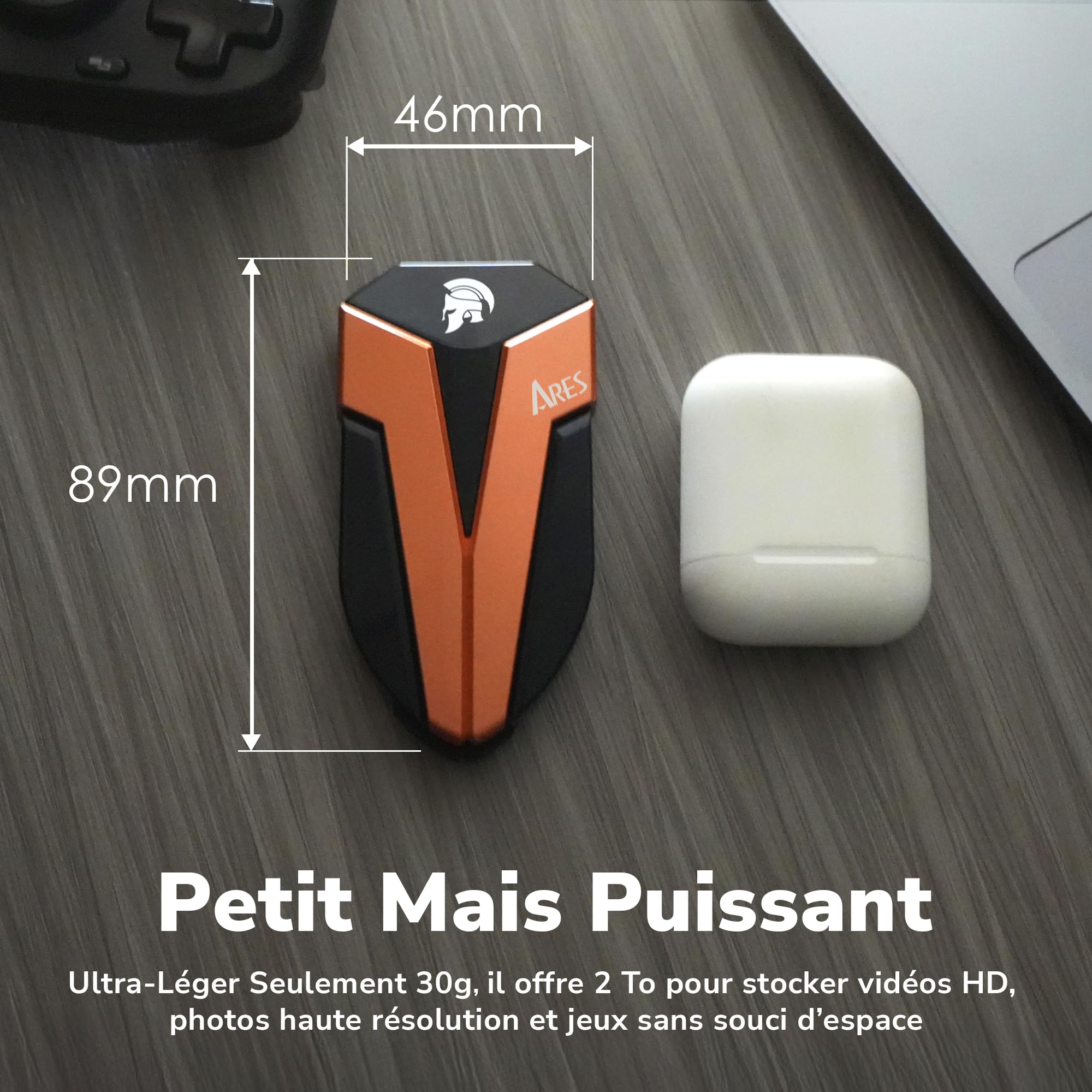 DATO SSD Externe 2 to, USB 3.2 Gen 2x2 Jusqu’à 1600/1500 Mo/s, Type C OTG Résistance à la poussière et à l'eau classée IP67, Compatible avec PS5 & Xbox - ARES Amber Shield Série