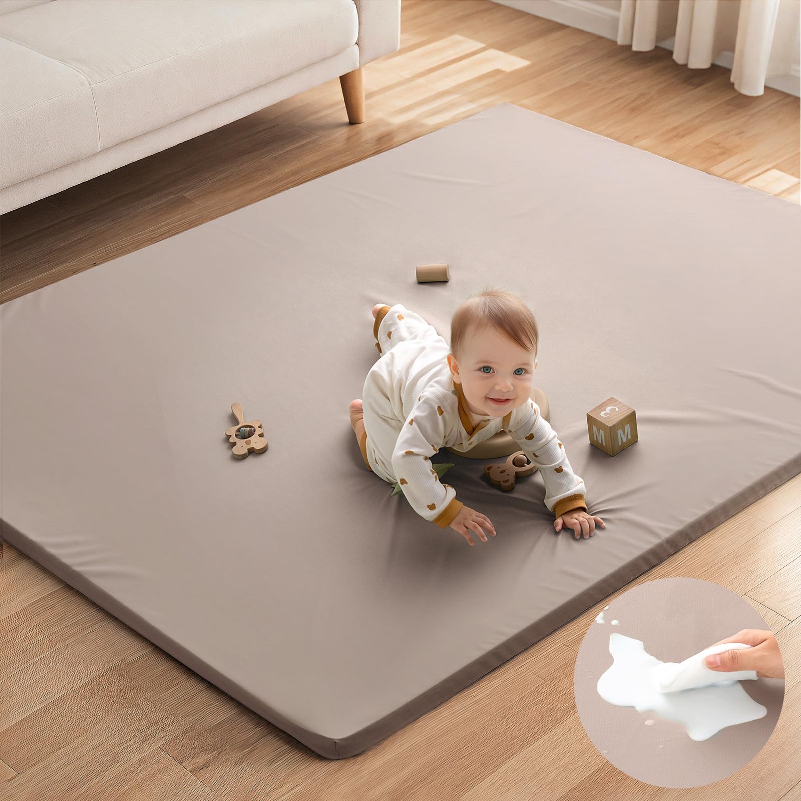 Blissful Diary Vegan Leather Baby Play Mat, 71x59 Thicken Foam Cushioned & Waterproof Playpen Mat for Infants and Toddlers, Stylish and Just Wipe-Clean Playmat for Baby Play on Floor, Taupe