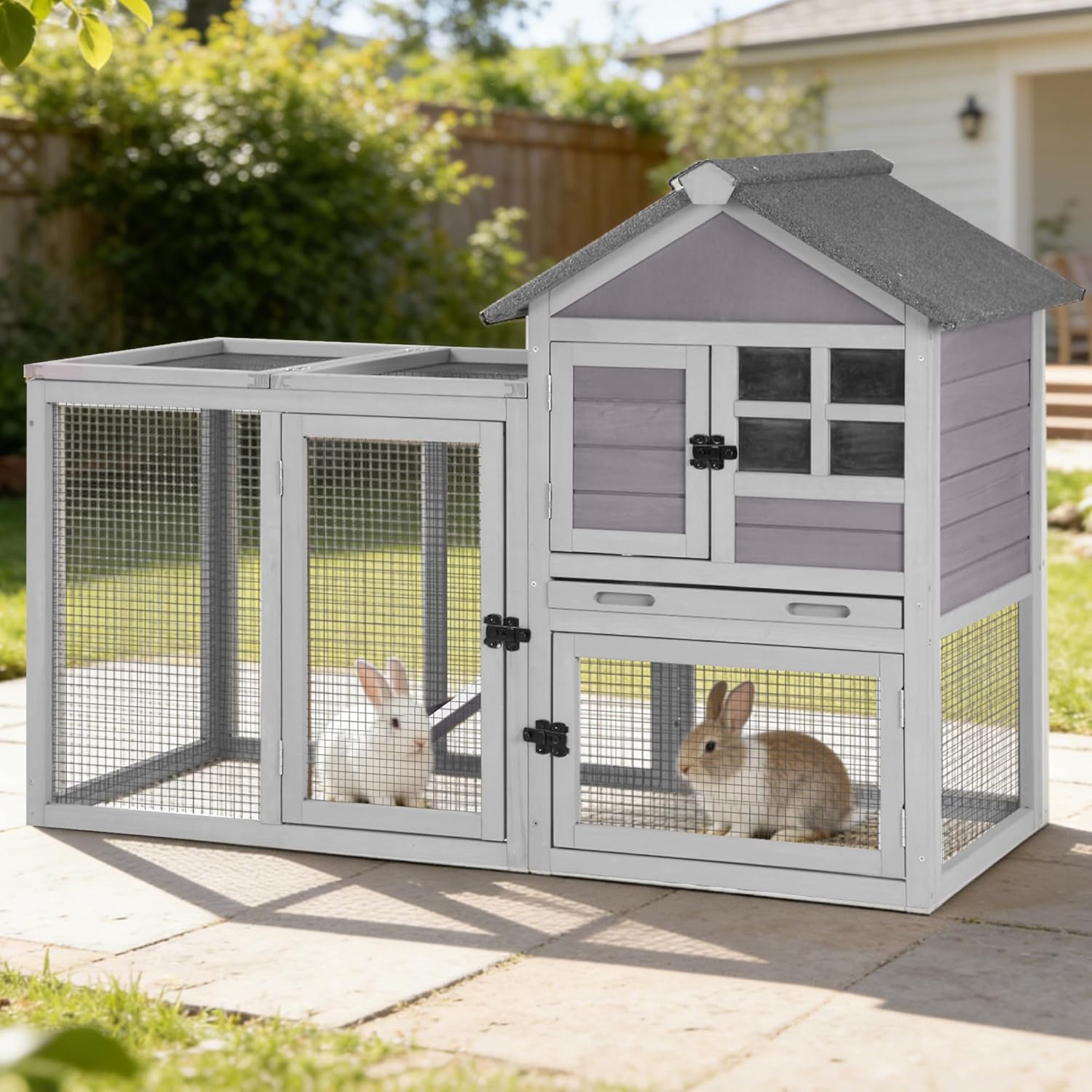 GUTINNEEN Rabbit Hutch Outdoor Rabbit Cage Indoor 51.6" L Waterproof Bunny Cage with Chew-Proof Ramp and Lockable Doors for Indoor Outdoor Use Grey