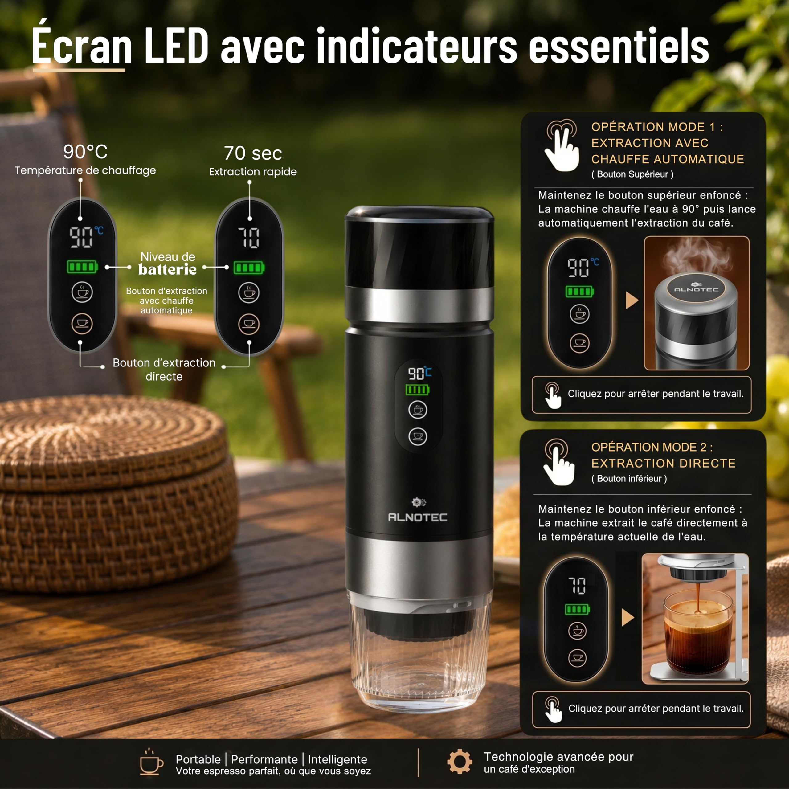 Cafetera portátil (20 barras, recargable), 2 baterías extraíbles incluidas, cafetera portátil, autoclave, compatible con cápsulas NES, DG y café molido, incluye funda de transporte.