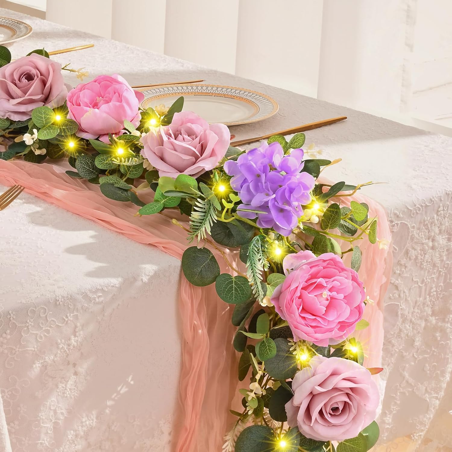 Livole 6 FT Artificial Flower Garland with Lights Pink Fake Roses Peony Floral Garland with Eucalyptus Flower Hanging Vine for Wedding Arch Table Centerpieces Backdrop Party Home Decorations
