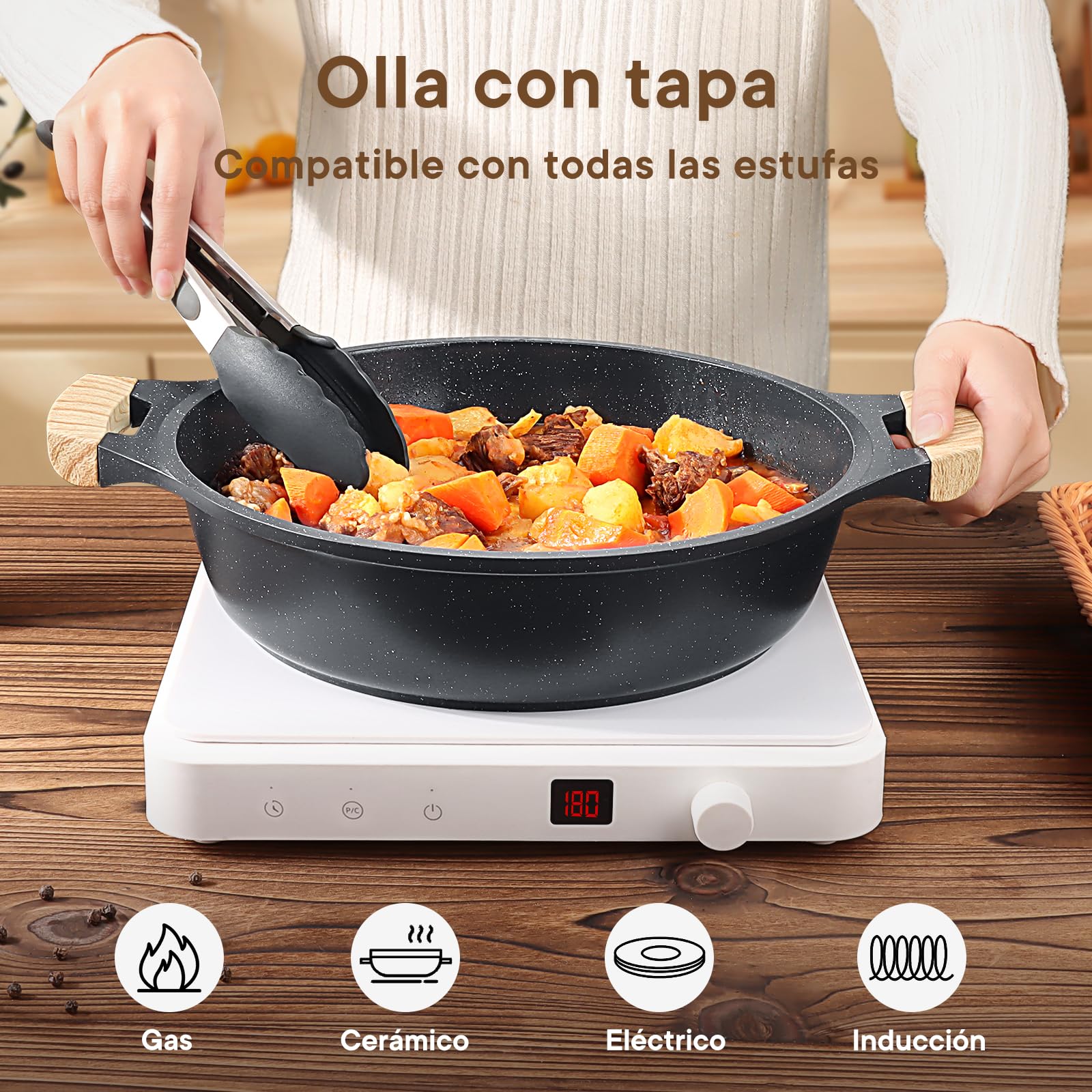 GiPP Cacerola 32cm con Tapa y Mango Antiquemaduras, Ollas Cocina con Revestimiento Cerámico Antiadherente, Aluminio Fundido, Apta Para Todo Tipo de Cocinas Incluida Inducción y Horno, Altura 8.5 cm
