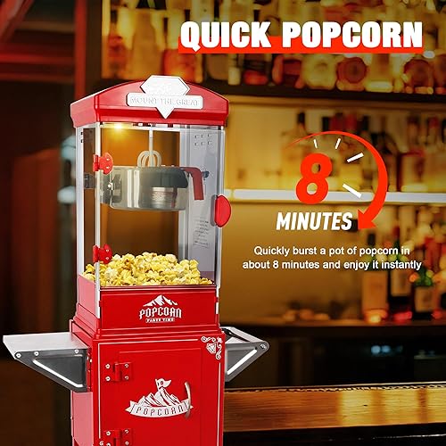 Miniatura 3 de 14OZ Popcorn Machine with Cart Wheels - Pop Corn Machine Maker with Stainless Steel Kettle, with Stand, Theater Style Popcorn Machines for Family