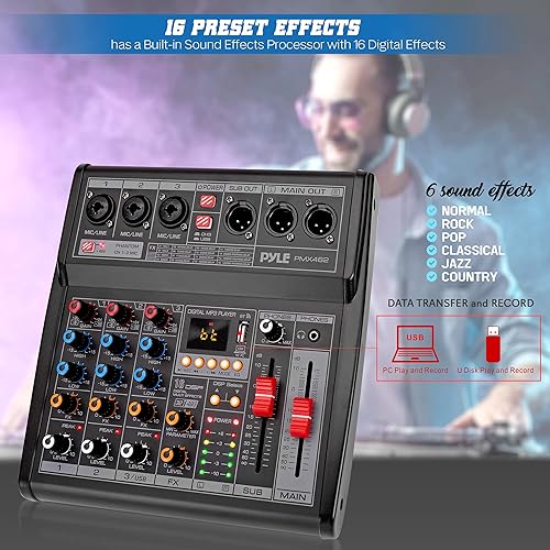 Miniatura 6 de Pyle Mezclador profesional de audio DJ - Controlador de 3 canales con 16 efectos DSP preestablecidos - Interfaz USB - 3 entradas de micrófono/línea