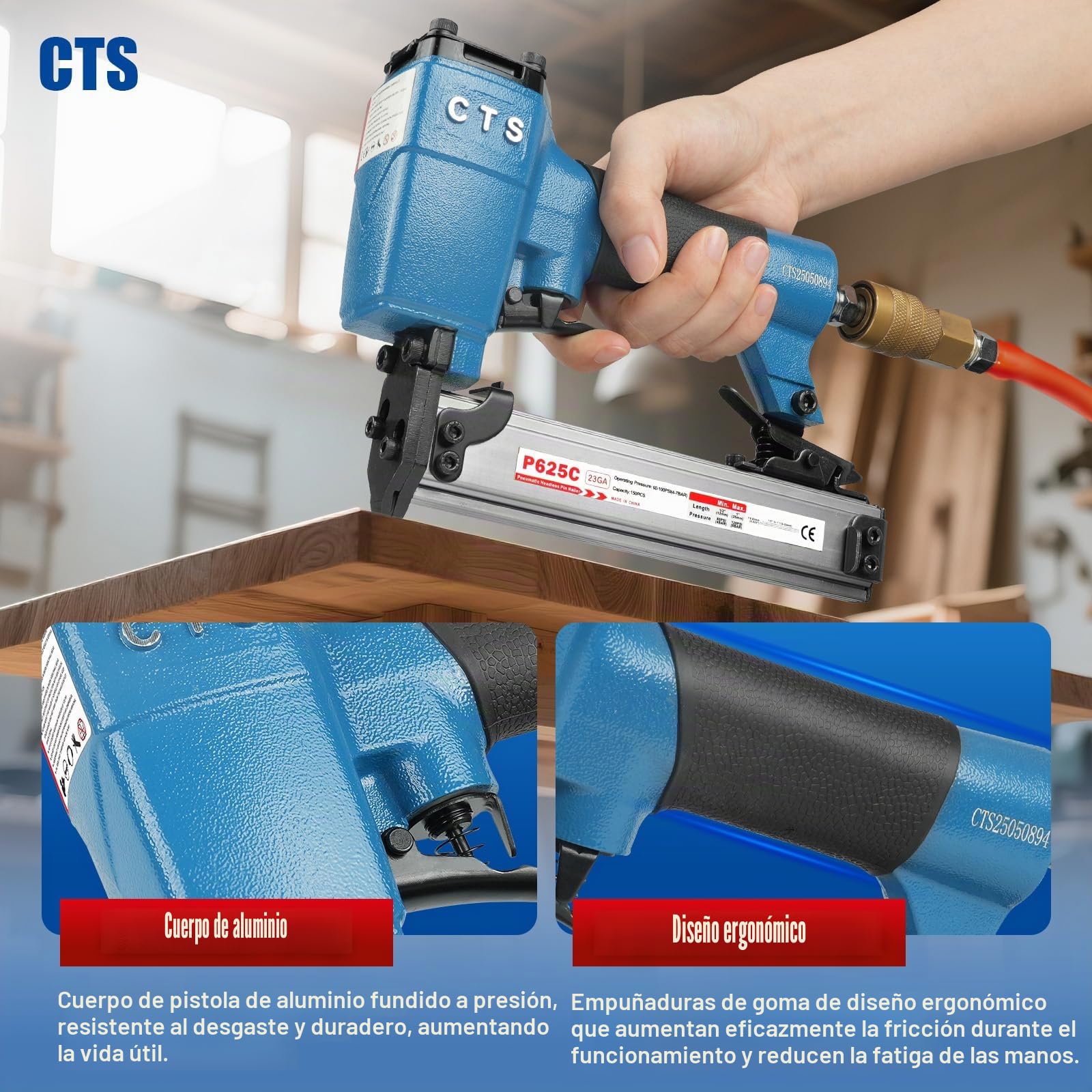 CTS P625C - Clavadora de pines de calibre 23 con 3000 piezas de clavos, pistola neumática de clavos sin cabeza con bloqueo de seguridad, se adapta a clavos de pines de 1/2'' a 1'' (12 a 25 mm