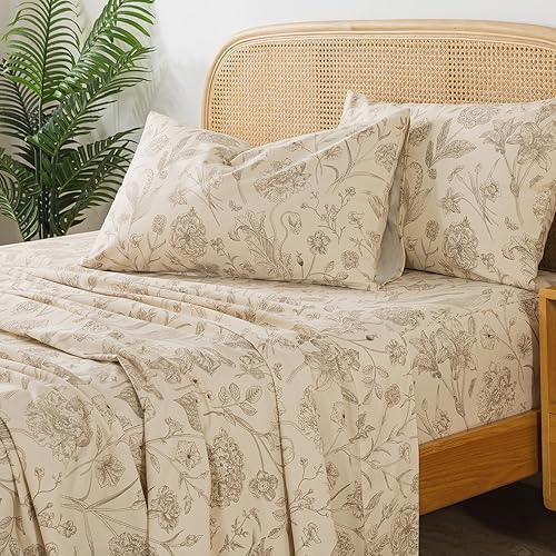 Miniatura 7 de Zusbest Juego de sábanas de tamaño King de 100 % algodón percal, color beige floral, cepillado extra suave, sábanas de franela de lujo transpirable