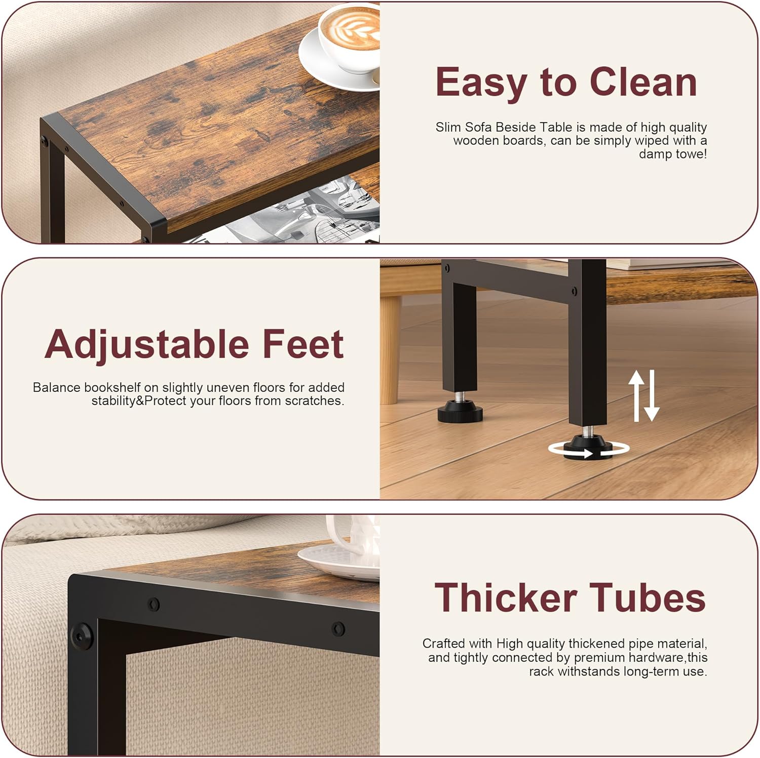 Narrow Side Table for Small Space, 3-Tier Small End Table with Shelf Holder, Slim Nightstand, Skinny Snack Couch Table in Living Room, Bedroom, Study, Kitchen and Balcony（Rustic Brown