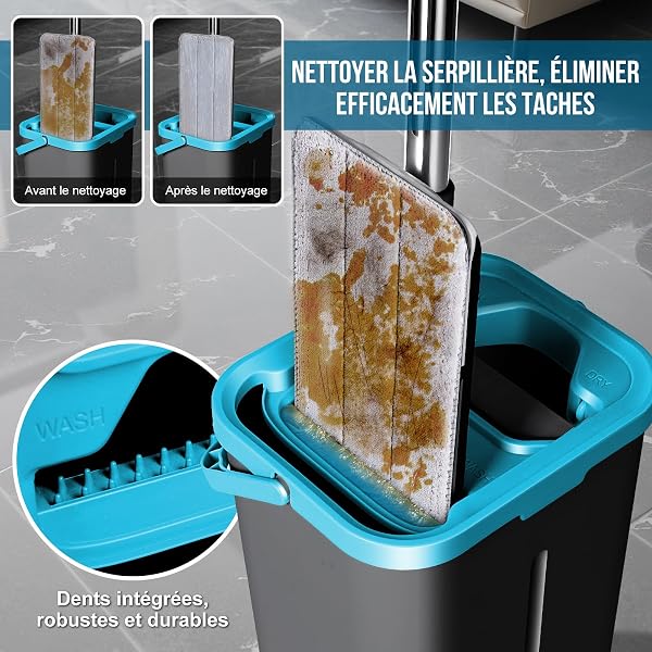 Masthome Balai Serpillère Microfibre, Balai Plat Professionnel avec 4 Tampons Réutilisables, Serpillère Nettoyage pour Sols et Seau Essoreur Convient pour Salon, Chambre, Bureau - 2