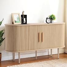 Grepatio 55" Sideboard Buffet Cabinet with Fluted Slide Doors, Tambour Storage Cabinet with Shelves, Modern Credenza Sideboard Buffet Console Cabinets for Living Room Hallway Entryway Natural