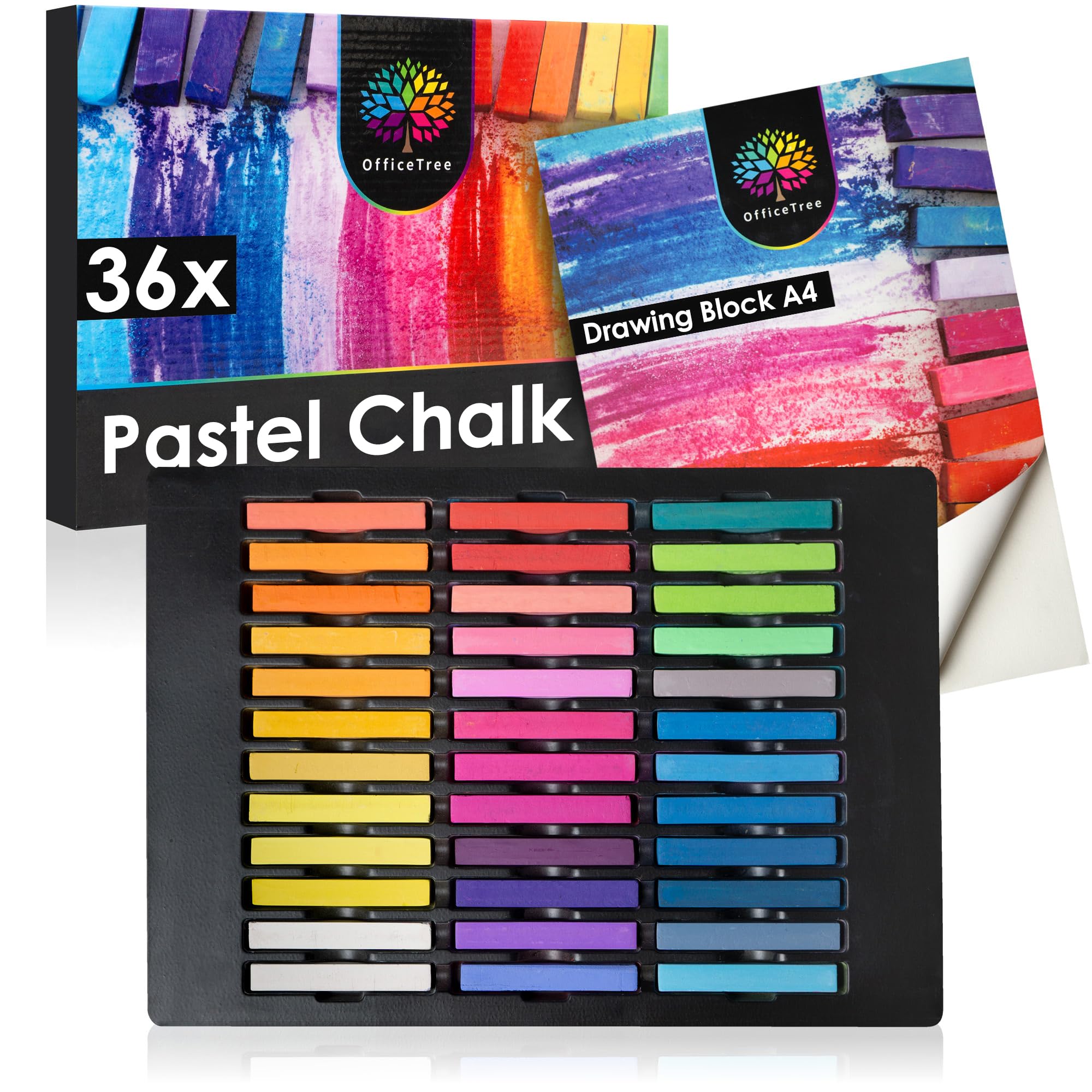 OfficeTree 36 Chalk Pastels for Artists - Soft Pastels With Sketch Pad - Vibrant Colours - Crayon Set