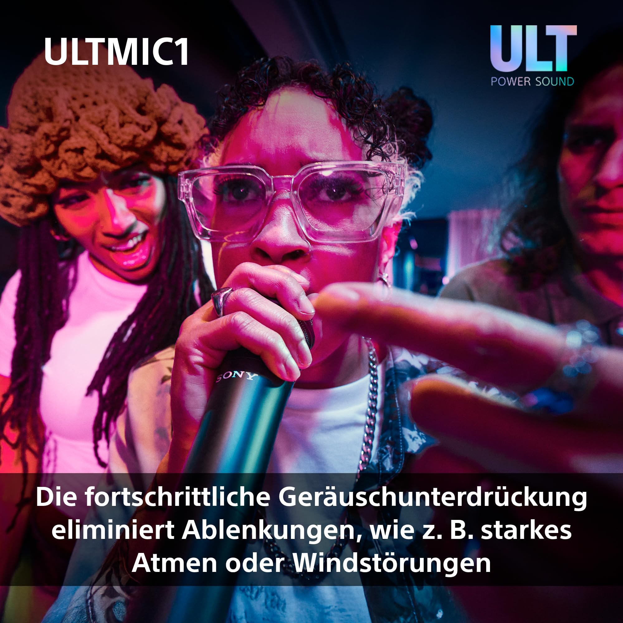 Sony ULTMIC1 - Kabelloses Mikrofonset mit 2 Mikrofonen und Empfänger, erweiterte Rauschunterdrückung, Duettunterstützung, 20-Stunden-Akku, stoßfest, perfekt für die ULT Power Sound Serie - Schwarz
