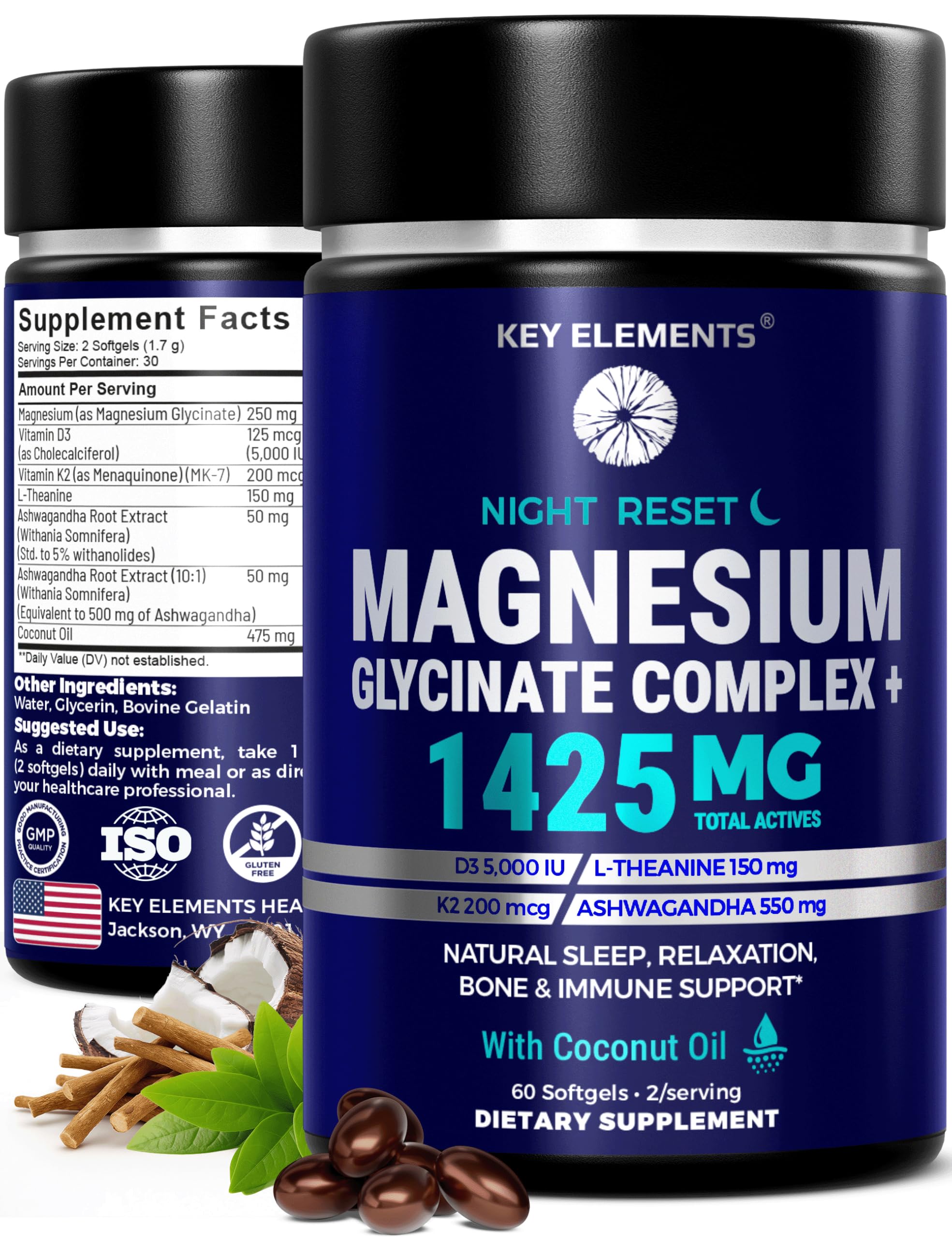 Night Reset Magnesium Glycinate with Potent Vitamin D3 5000 IU & K2 200mcg